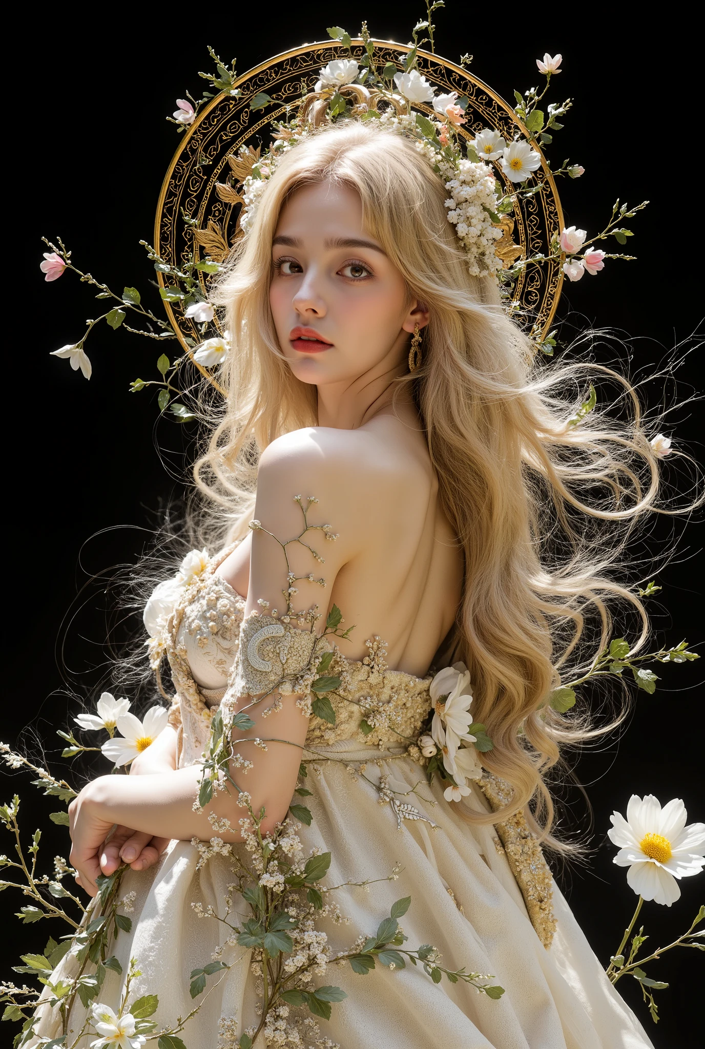 (skeleton like:0.4), ((female ornate princess)), (with blonde long flowing hair), (bright beautiful eyes), trending on artstation, flowers of hope by Jean-Honor Fragonard, Peter mohrbacher, hyper detailed, insane details, stunning, intricate, elite, art nouveau, ornate, liquid wax, elegant, extravagant, luxury, Greg Rutkowski, ink style, sticker, vector-art, beautiful character design, double exposure shot, luminous design, award winning, masterpiece, amoled black background, (full torso),