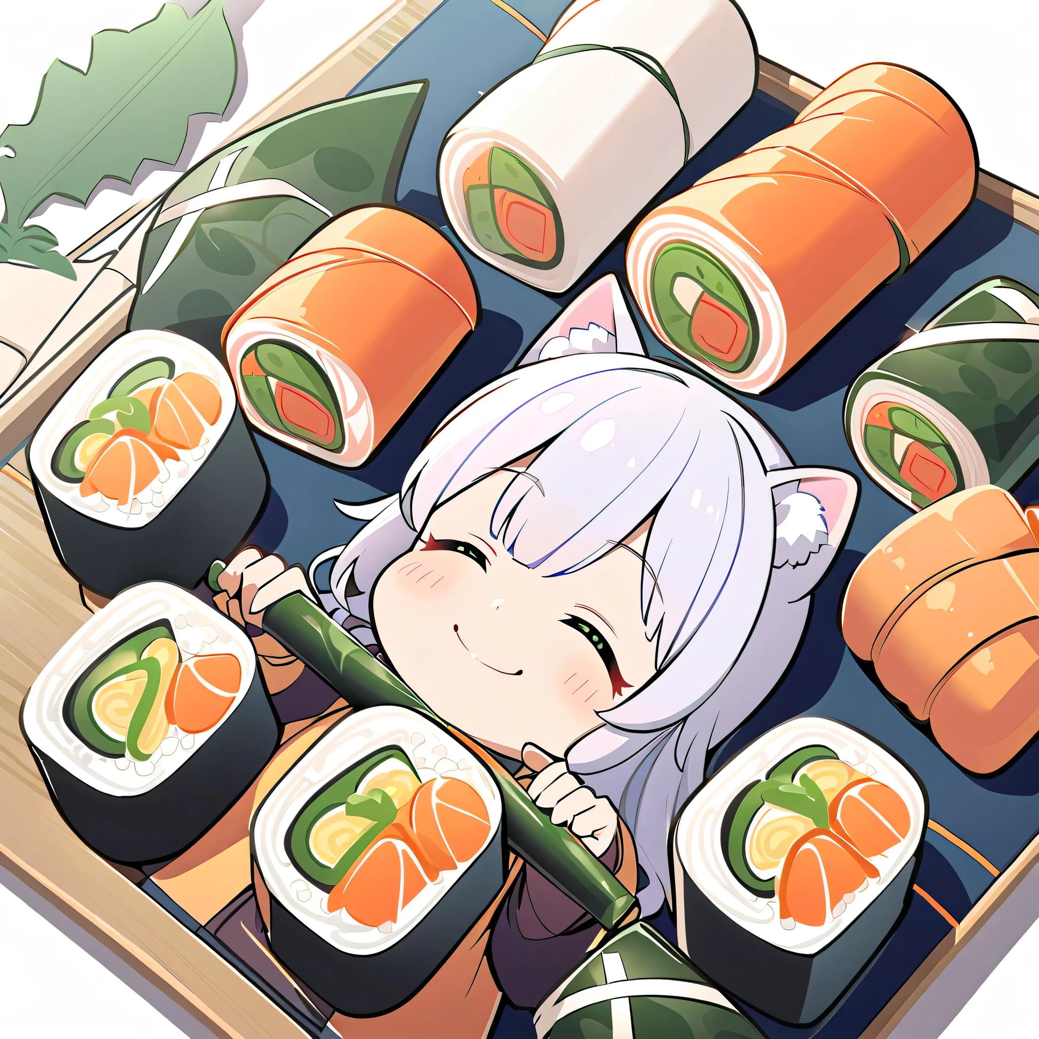 winter,smile, A girl with dog ears is wrapping sushi rolls, Silver Hair, White Ear, rolled sushi ,rolled sushi をroll,roll,rolled sushi , Roll with seaweed , seaweed, roll sushi with seaweed