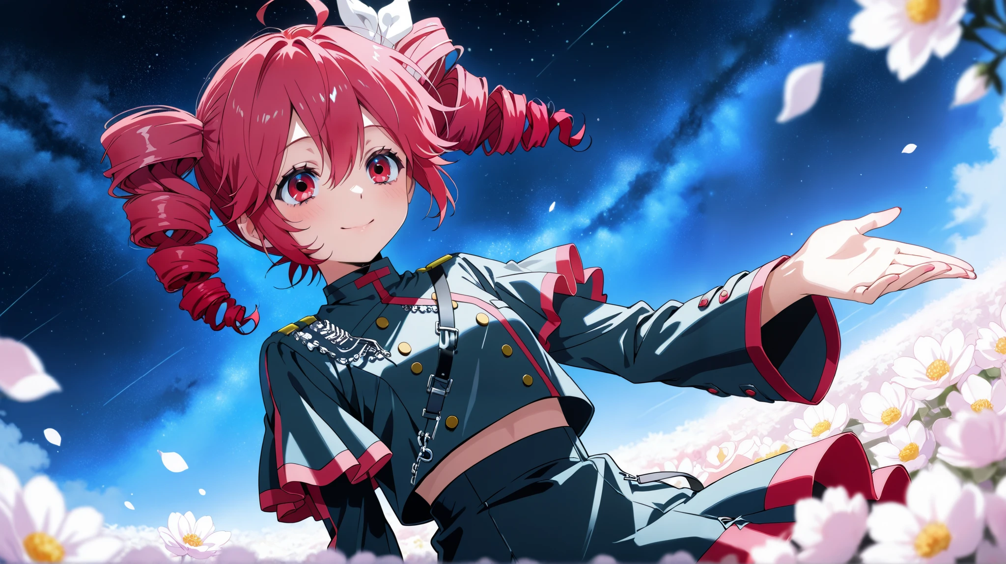 Kasane Teto, twin tails,red eyes,Beautiful starry sky Lots of flowers Smile