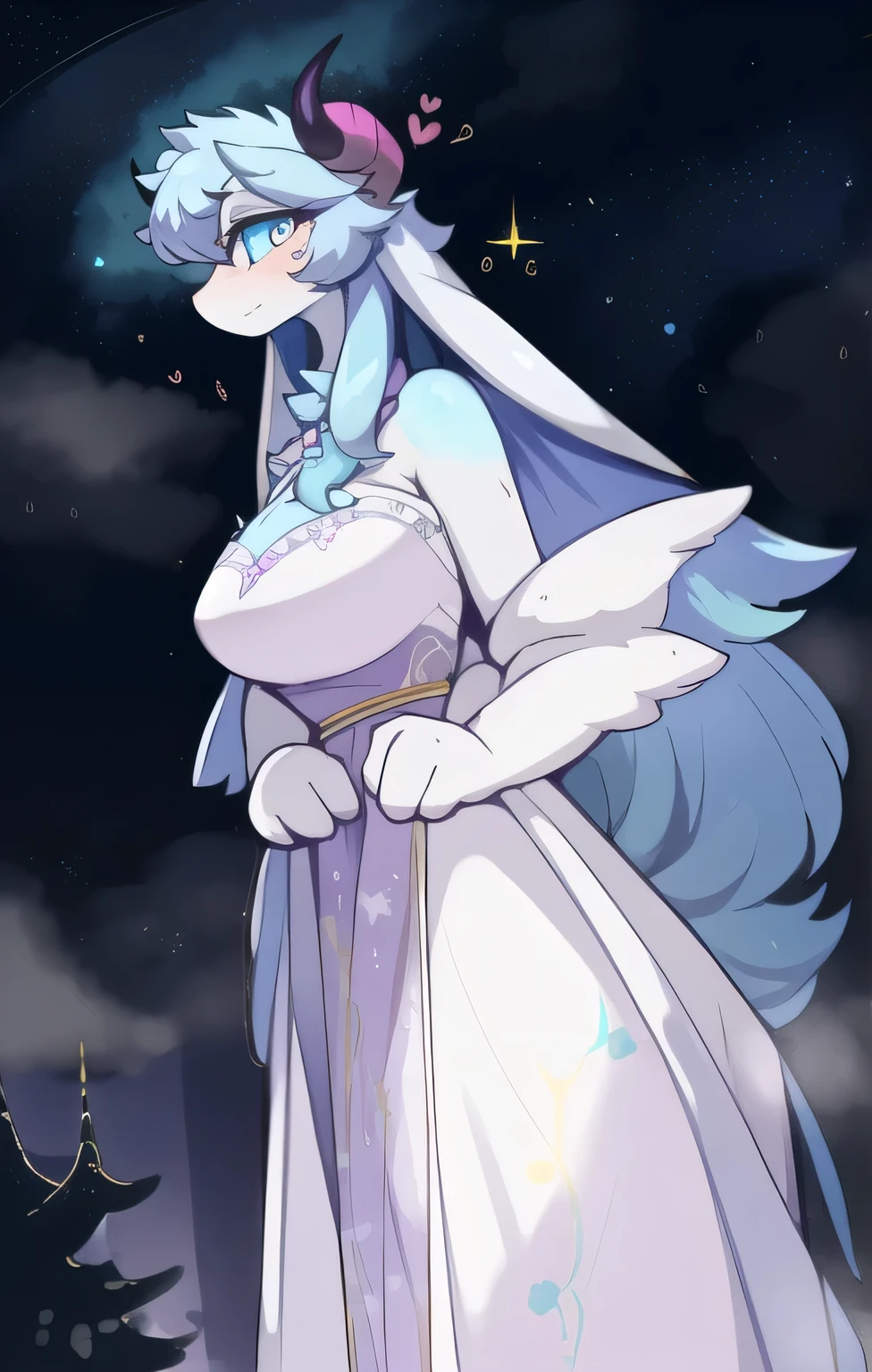 in, best quality , Masterpiece、 fancy pastel colored dress、 beautiful eyes、Two horns、 is tall、 bright 、 Cloudy Hairstyle 、Queen of Nebulae 、beast、Night Sky
