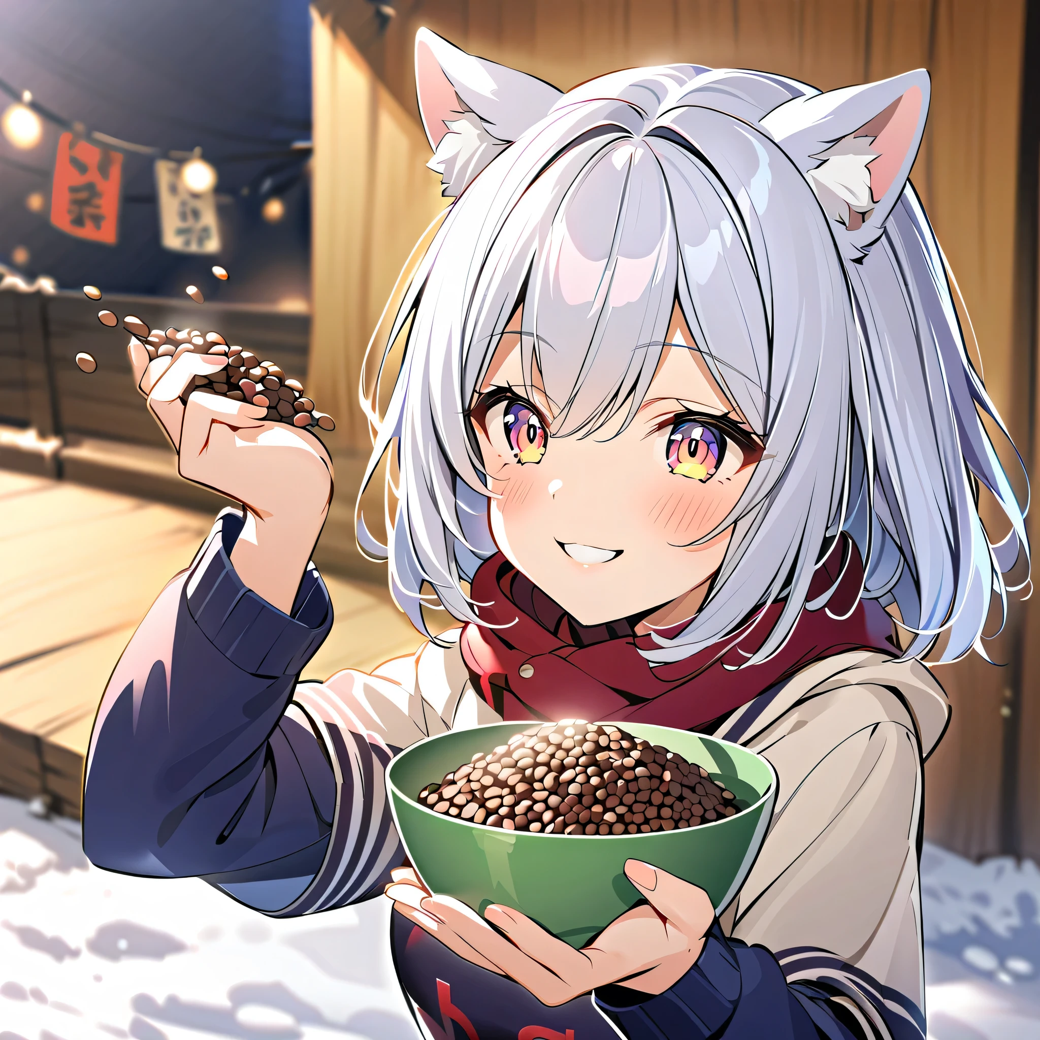 winter,smile, girl with dog ears, Silver Hair, White Ear, Setsubun, Throw a small amount of beans