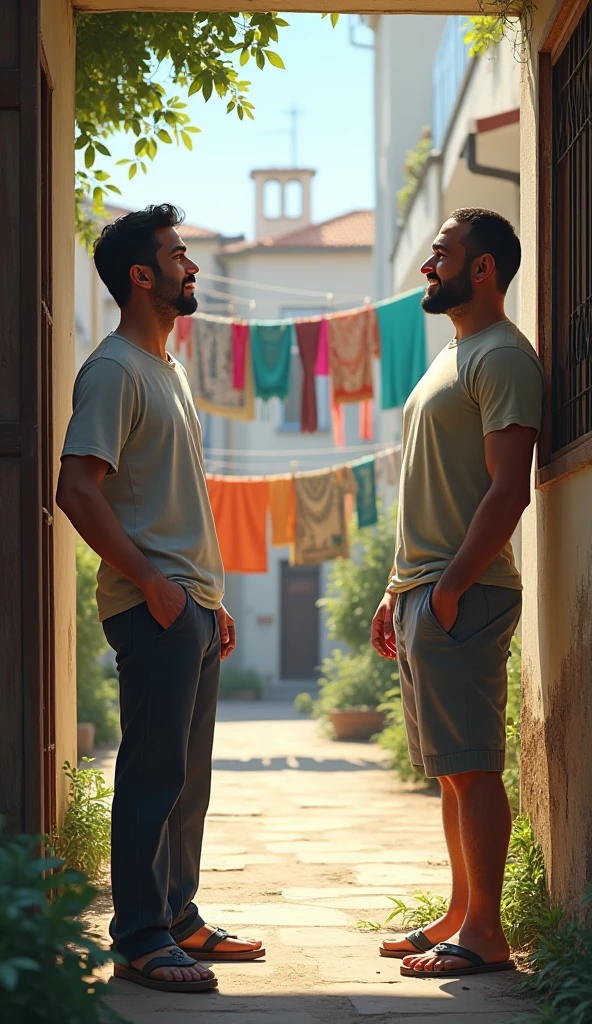 A handsome man washing his clothes in his country house naked holding his clothes by a wire to dry while a handsome young man watches him