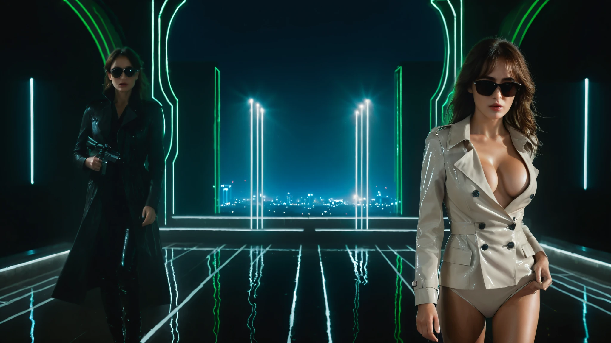 (Hyper-realistic photograph:1.4), Captivating scene under the rain at night on a rooftop, a sexy slim woman, large breast cleavage, with short brown hair, three-quarters view, Black trench coat, (black sunglasses, holding a short gun), with a dark rainy city landscape in background, blue eyes, photography style, (half-body shot:1.3), (contemplative expression:1.2),(well-lit:1.2) Extremely Realistic, serendipity art, (sharp focus:1.3), intricate details, highly detailed, by God himself, original shot, masterpiece, detailed and intricate, Movie Still, guttojugg1