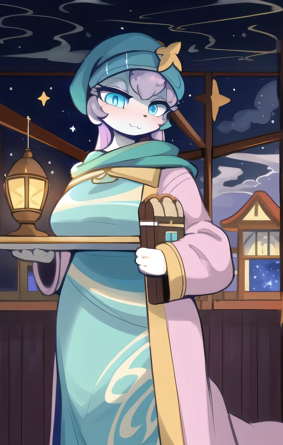  in,   best quality , Masterpiece、 fancy pastel colored dress、 beautiful eyes、 is tall、 bright 、 Cloudy Hairstyle 、The Traveling Merchant、Turban、beast、Sea of Stars、 on board