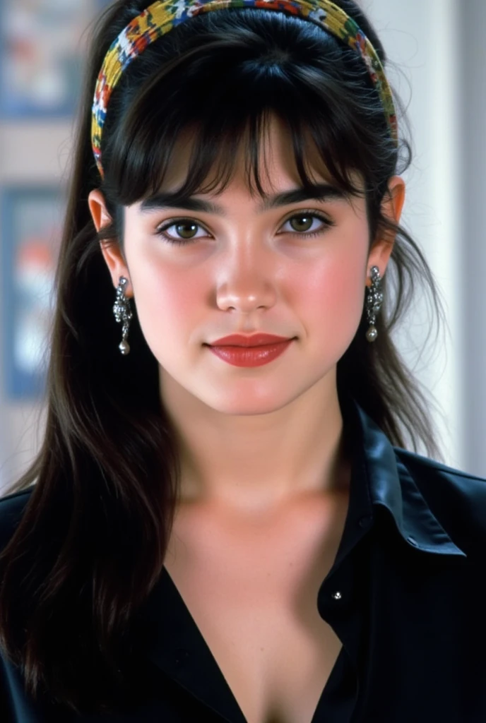 1 woman 30 years old, One, long straight black hair, bang,I look at the viewer, detailed eyes, shy smile,Jewelry, medium breast, earrings,belt, blue leather jacket over a tight red t-shirt,mini skirt,sheer white tights,NECKLACE, bracelet, lips,((Dynamic angle)),