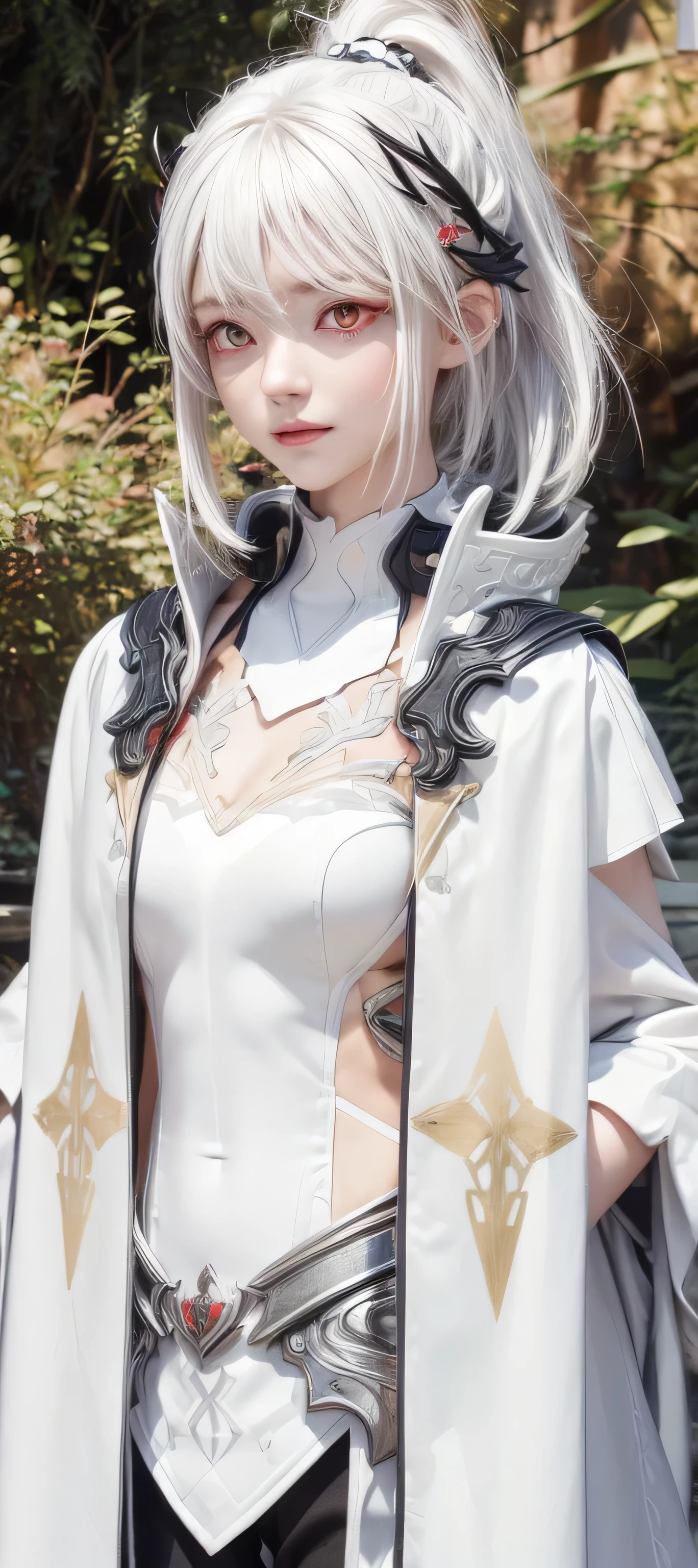 masterpiece, best quality, (realistic,photo-realistic:1.4), (RAW photo:1.2), extremely detailed CG unity 8k wallpaper, delicate and beautiful, amazing,finely detail, official art, absurdres, incredibly absurdres, huge filesize, ultra-detailed,extremely detailed eyes and face,light on face,(little smile),(white hair:1.4),(wearing honkai impact outfit:1.5),(forest background:1.4),(red eyes:1.5),(short hair:1.5),ponytail,hair ornament,siver armor