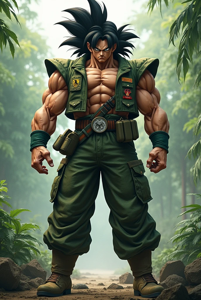 A man around 30 years old, medium height, long black hair, slightly messy, not tied, eyes closed, brown skin with scars on several parts of the body, athletic and muscular body, warrior clothes with a V pattern showing the chest, green color, scale motif green snake, trousers, headband, wooden stick.