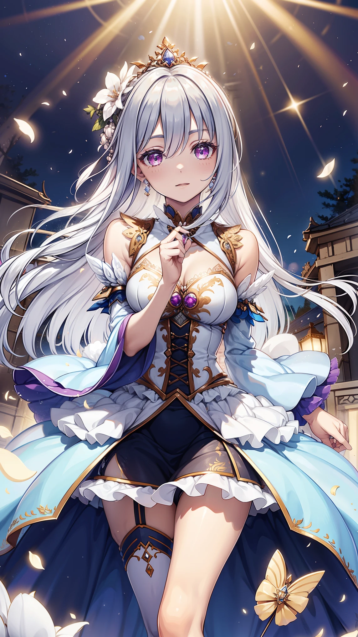 ( Beautiful , Beautiful , Very detailed, masterpiece, high quality , Puzzled, High Resolution , Full HD, 16K, Soft Edge, Soft lines),( dynamic angle), Flying in the Air , Dramatic lighting , soft fabric, Pastel Color , soft lighting ,((Moonlight Night, Beautiful 月)), starry sky ,meteor群,meteor,(fairy tale princess, purple eyes, Long eyelashes, White Skin,, Light Pink Full Lips , pale pink cheeks , The wind is blowing,White fluffy hair,,Silver decoration, Diamond Crown ,Diamond Earrings,Diamond Earrings, diamond necklace ,( Silver Ball Gown :1.1), 银色Lace和Ruffles , (Fantasy , Romantic atmosphere ), transparent pajamas, Clear Sleeves ,obsessed,Petal edge,(Light:1.3),Brushed, Divine Decor ,Divine Theme ,Lace,Ruffles,Flying suit , transparent skirt