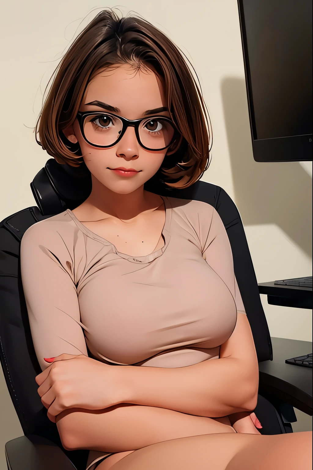 Photo. , the girl sitting at the computer  , in a computer chair  .  brown eyes . First size breasts .  height 160 . she is wearing glasses . without makeup .18 years old she  