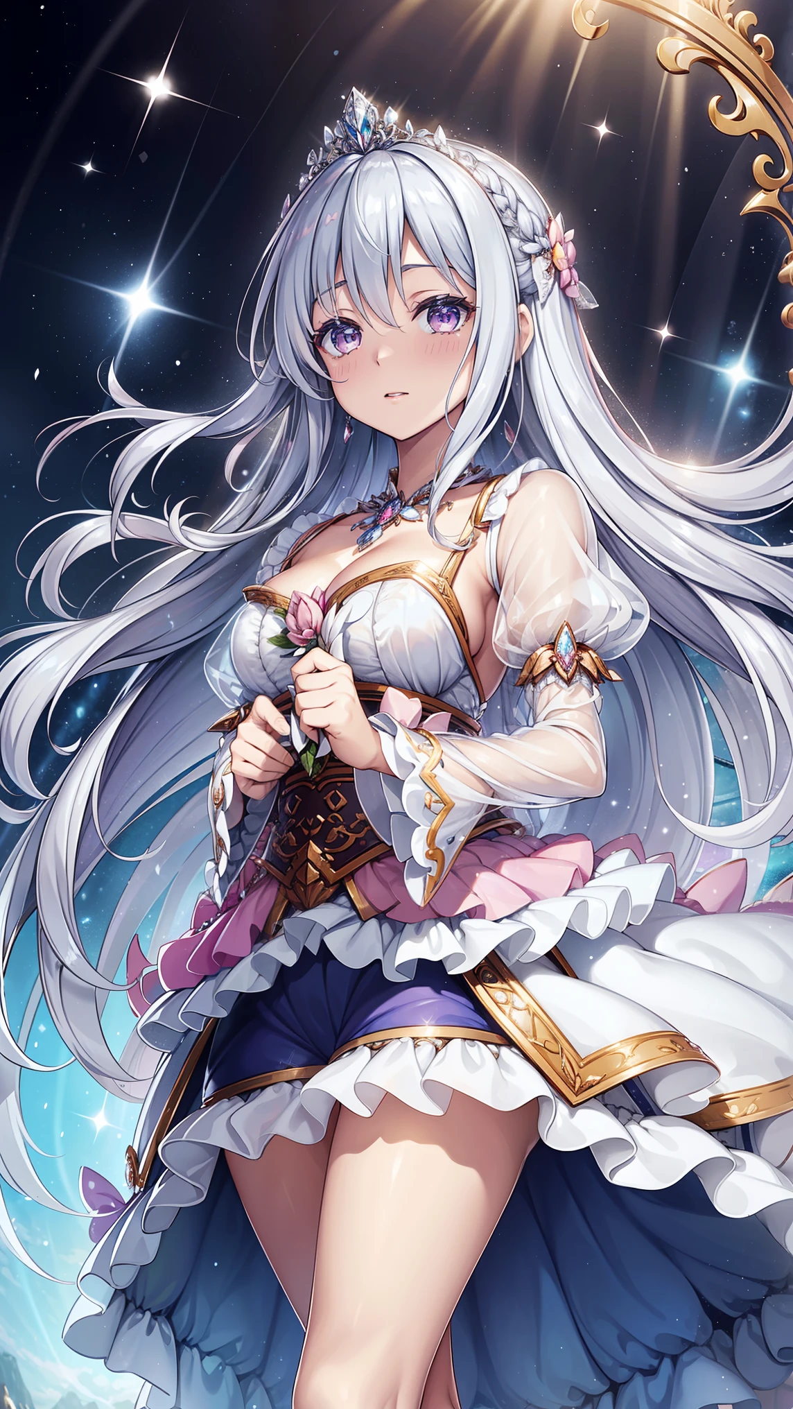 ( Beautiful , Beautiful , Very detailed, masterpiece, high quality , Puzzled, High Resolution , Full HD, 16K, Soft Edge, Soft lines),( dynamic angle), Flying in the Air , Dramatic lighting , soft fabric, Pastel Color , soft lighting ,((Moonlight Night, Beautiful 月)), starry sky ,meteor群,meteor,(fairy tale princess, purple eyes, Long eyelashes, White Skin,, Light Pink Full Lips , pale pink cheeks , The wind is blowing,White fluffy hair,,Silver decoration, Diamond Crown ,Diamond Earrings,Diamond Earrings, diamond necklace ,( Silver Ball Gown :1.1), 银色Lace和Ruffles , (Fantasy , Romantic atmosphere ), transparent pajamas, Clear Sleeves ,obsessed,Petal edge,(Light:1.3),Brushed, Divine Decor ,Divine Theme ,Lace,Ruffles,Flying suit , transparent skirt