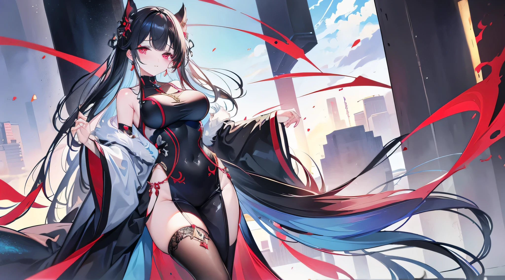 Exquisite eyes),(Clear and beautiful eyes:1.61),masterpiece, 1 young girl,(Black clothes and some red gems), Black long hair, (She has a huge red gem on her chest), Good Hand,((The Havoc of StarCraft)),full-body shot,Fighting Stance,(Red Eyes:1.466),short and small,(Very big breasts:1.35),(Pretty Face),(full-body shot:1.33),Beautiful hands