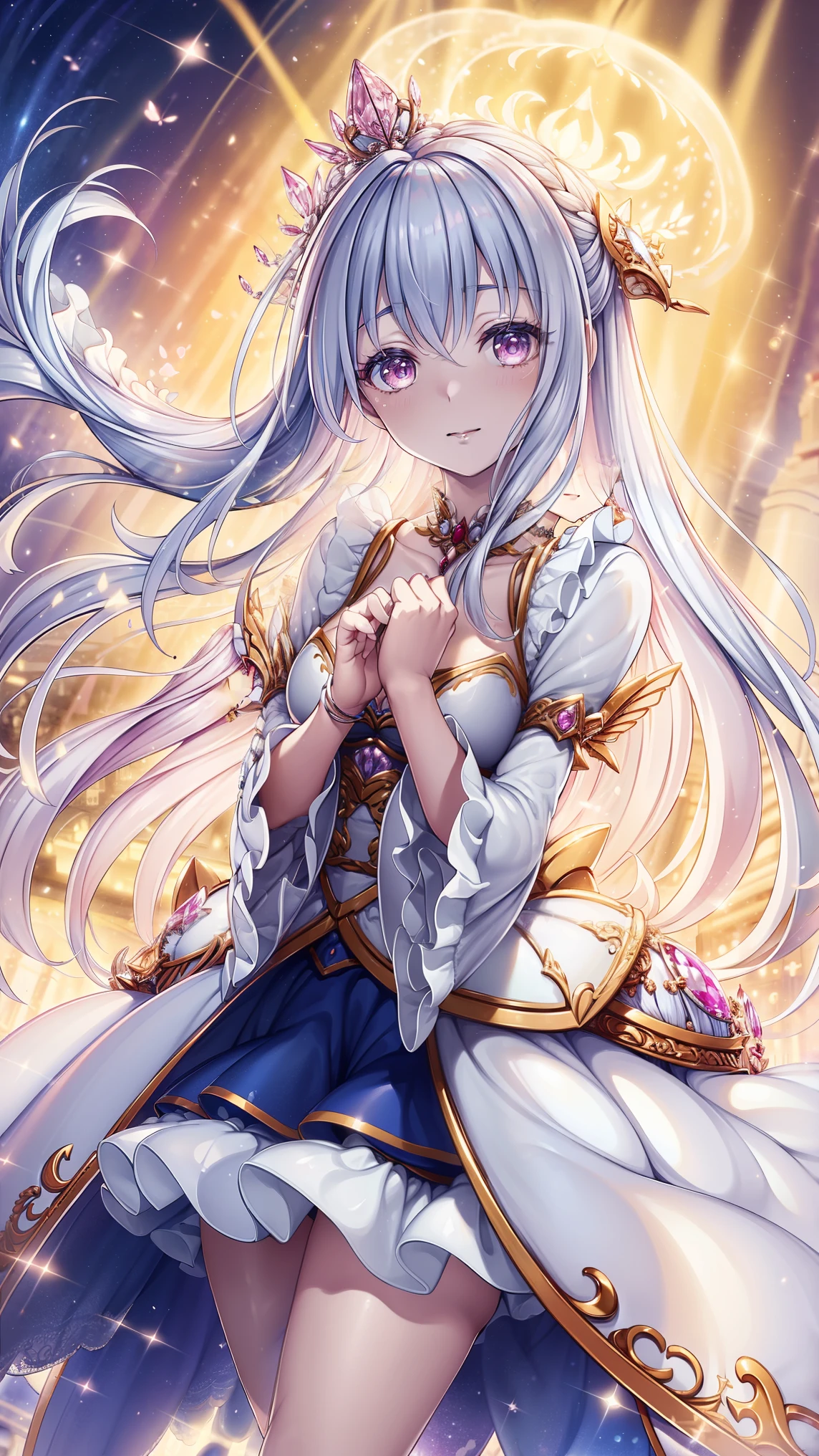 ( Beautiful , Beautiful , Very detailed, masterpiece, high quality , Puzzled, High Resolution , Full HD, 16K, Soft Edge, Soft lines),( dynamic angle), Flying in the Air , Dramatic lighting , soft fabric, Pastel Color , soft lighting ,((Moonlight Night, Beautiful 月)), starry sky ,meteor群,meteor,(fairy tale princess, purple eyes, Long eyelashes, White Skin,, Light Pink Full Lips , pale pink cheeks , The wind is blowing,White fluffy hair,,Silver decoration, Diamond Crown ,Diamond Earrings,Diamond Earrings, diamond necklace ,( Silver Ball Gown :1.1), 银色Lace和Ruffles , (Fantasy , Romantic atmosphere ), transparent pajamas, Clear Sleeves ,obsessed,Petal edge,(Light:1.3),Brushed, Divine Decor ,Divine Theme ,Lace,Ruffles,Flying suit , transparent skirt