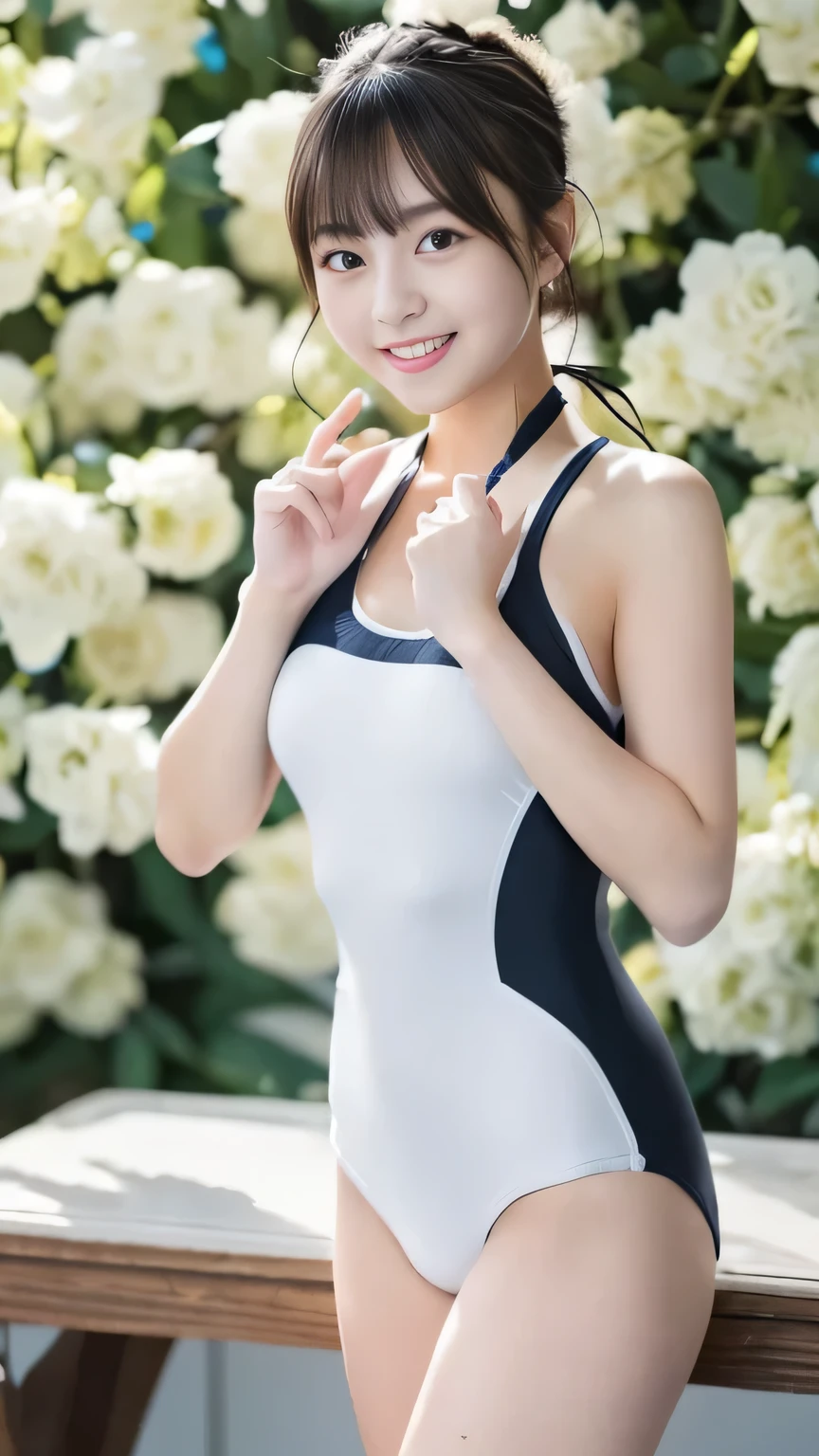 table top、 best quality 、 An Unrivaled Masterpiece、shape、Very complex、 very detailed、 high resolution、8k wallpaper、 perfect dynamic configuration 、 beautiful、 Right in front of you is a perfect hairstyle with great attention to detail、 natural colored lips, ,smile、 cute 、( best quality :1.3)、(Masterpiece:1.3)、(The very detailed:1.3)、( wallpaper, One Girl:1.1)、( Detailed Hands and Fingers :1.2)、(Super Oily, Highly detailed shiny skin:1.1(School swimsuit:1.4)、 black hair、Natural smile:1.2)、Swimming Stadium、( one piece swimsuit,1)bangs、Active appearance and pose、 high leg、 baby face、 absurd、NSFW Images