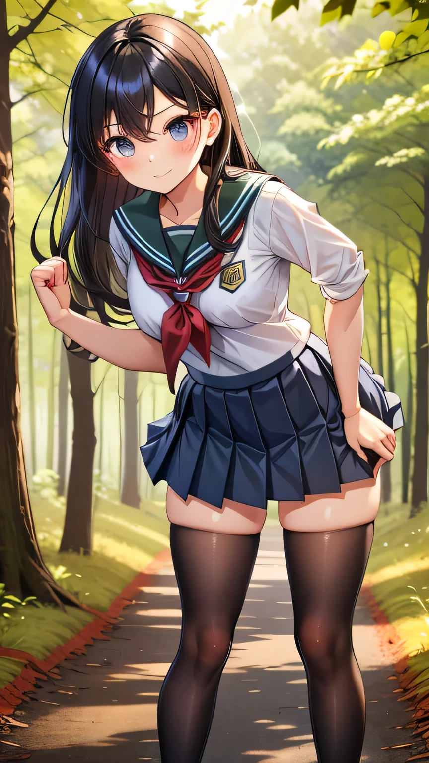 best quality,1girl,((,small breasts,loli:1.3)),curvy,((orgasm,blush:1.3)),angry,sweat,Arisu Tachibana,black hair, long hair,hair ribbon, ((white shirt,blue skirt,mini skirt,lift skirt,upskirt,kneehighs,white panties,lace panties:1.1)),((walking:1.1)),forest,forest林