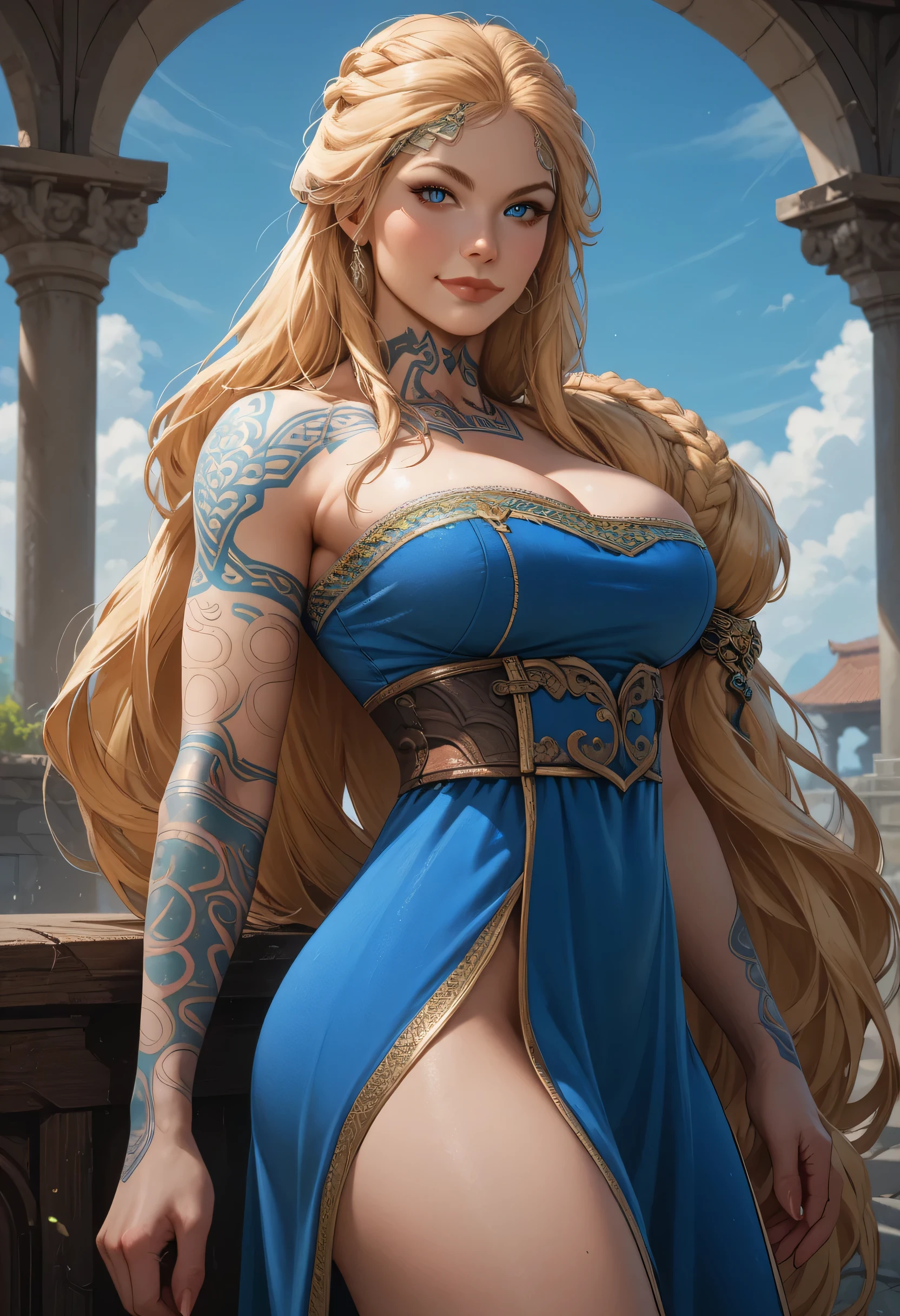 score_9, score_8_up, score_7_up,
GOWSif, 1girl, blonde hair, blue eyes, long hair, tattoo, looking at viewer, view from her knees to her face, side view, deep cleavage, big , standing, , smirking, perfect eye pupils, dress slit on both sides showing her thighs, perfect eye pupils, showing her side