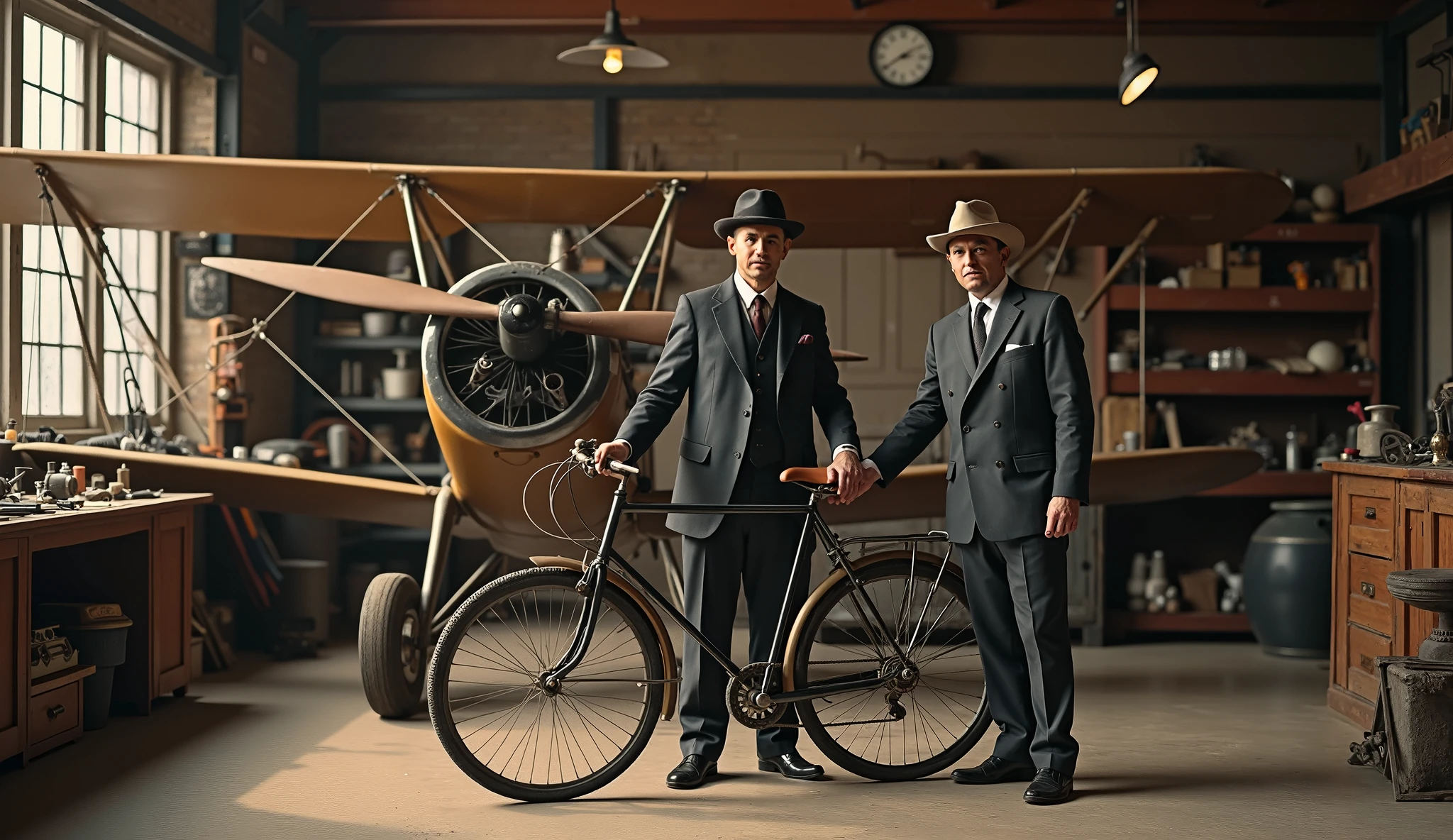 Flying saucer and father with his son riding two bicycles old drawing