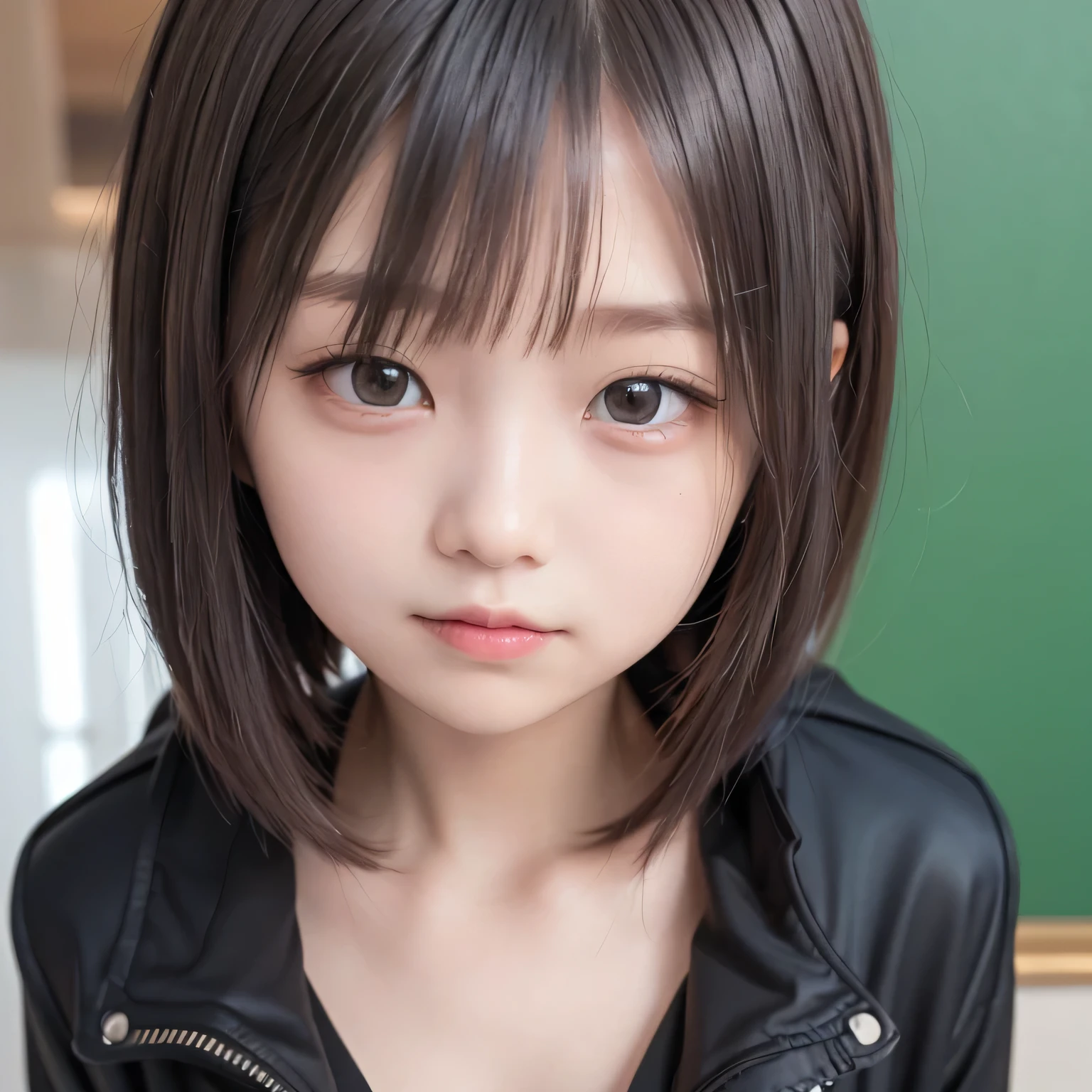 best quality 、8k,, wearing a black jacket 、 cyberpunk red green background、((( shirtless in the lobby))),smile,((( ))),((( cute little sister))),、、Round face, big eyes, round eyes for a close-up shot of the chest、 without makeup、 sweaty 、(((Cold Face))),((( cold eyes))),(((Round face))),(((Big Face))),(((Big Head))),((( upper body closeup))),((( upper body photo)))