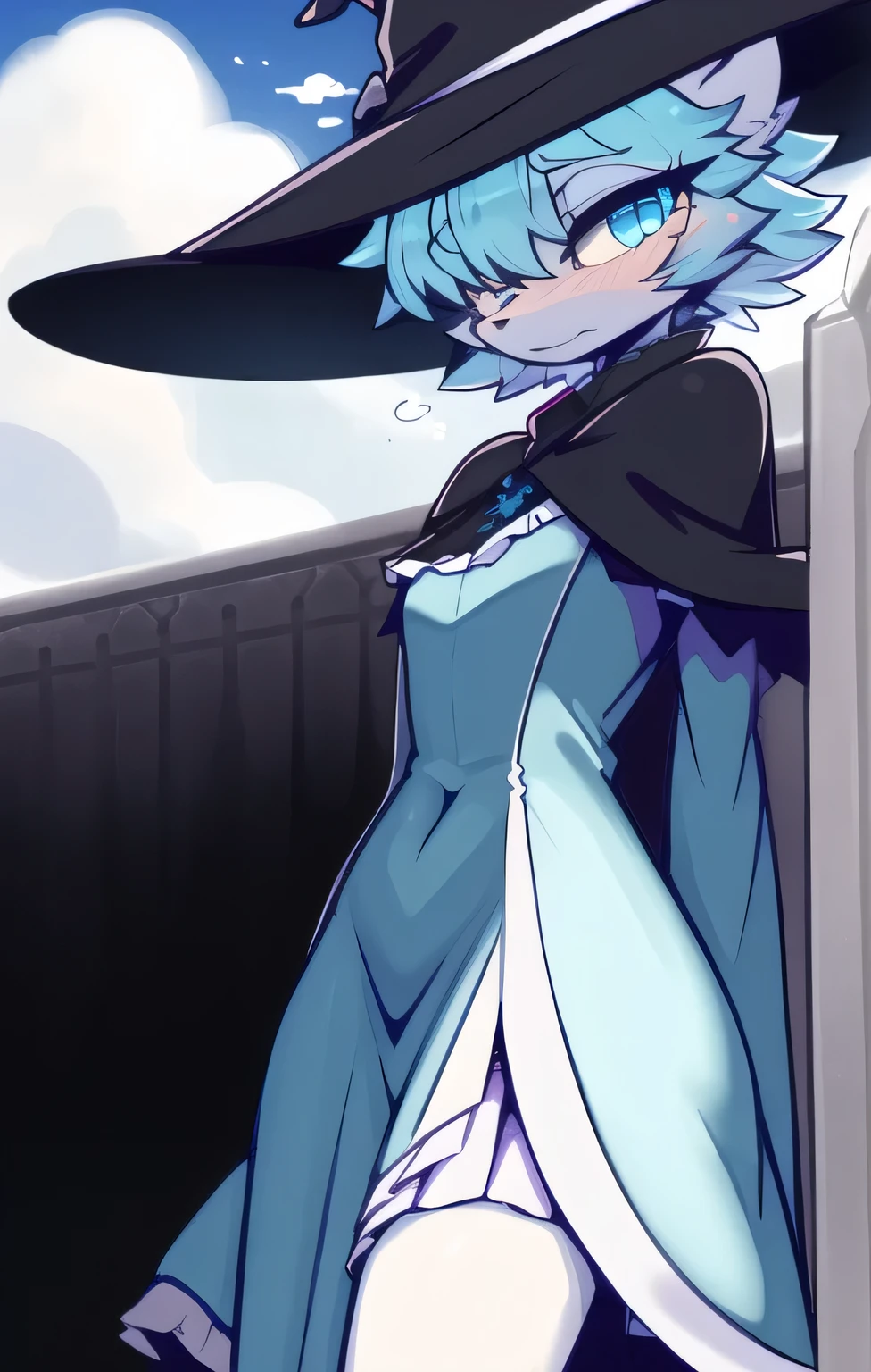 in, best quality , Masterpiece、 Flashy Pastel Clothes、light blue long dress、 downer eyes、 bright 、 Cloudy Hairstyle 、witch、Female Furry