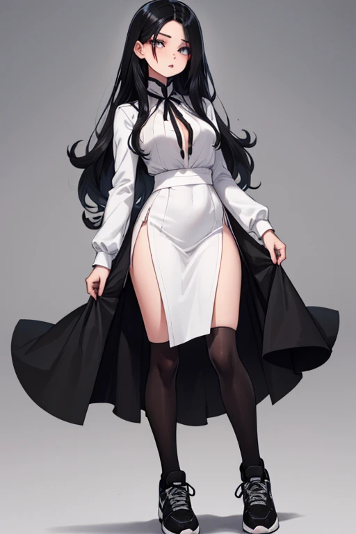 Italian girl, very long loose black hair, super mega gigantic breasts, unbuttoned white shirt, black lace bra, black pleated miniskirt, elegant shoes, slave collar, breasts tied together, thin