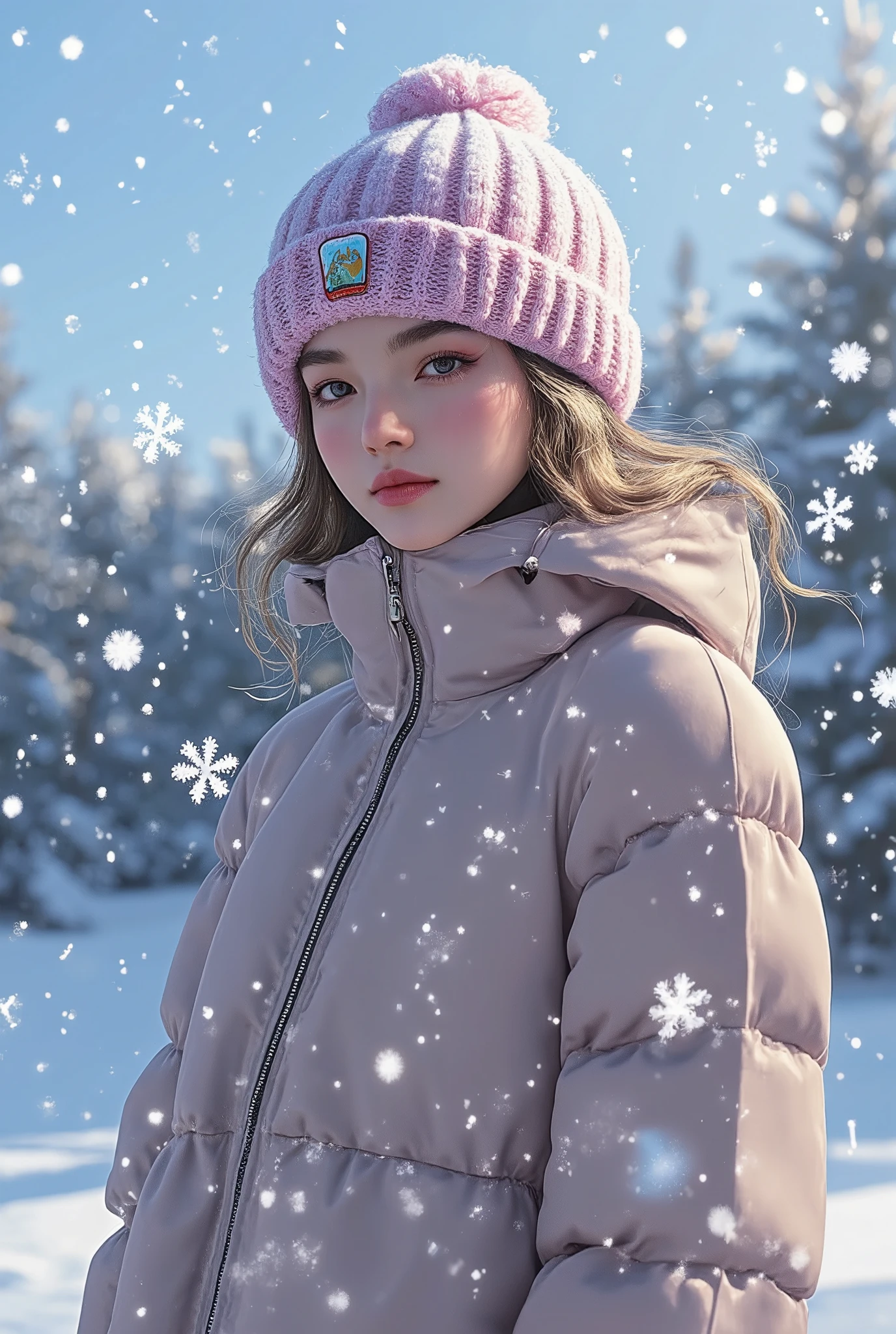 1 girl, coat, knitted hat, winter clothes, winter, snow day, snowflakes