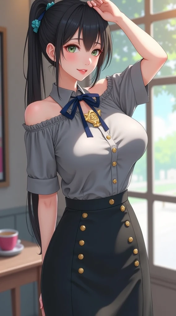 ( masterpiece, ultra-detailed , envelopes, Clear focus, shadow, anime-style, ultra high resolution, 8K, perfect anatomy , Perfect face, (cara detallada), ( Detailed eye ), score_9, score_8_above, score_7_above, source _animated, Big breast girl . A young anime or manga . She has long dark hair , with blue-green reflections , gathered in a high ponytail . His eyes are green . You are fixing your hair with one hand behind your head , in a pose that conveys a certain sensuality .
She is dressed in an elegant style dress formal . The dress is composed of two parts : a light gray blouse with gold buttons and a low-cut bodice that leaves the shoulders bare. Above the blouse , has a dark blue ribbon adorned with a semi-gold pendant . The lower part of the dress is a dark skirt , with a simple but elegant cut , with a black ribbon or belt tied in a bow at the waist and additional gold buttons .
The background of the image is a window with a slight glow that suggests daylight . You can glimpse a green and blurry landscape through the window , suggesting a calm and natural outdoor environment .