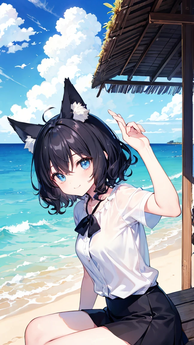 Short black hair Adult female Dog Ears Dark blue colored eyes Wearing a tiny bikini Location: Sea smile