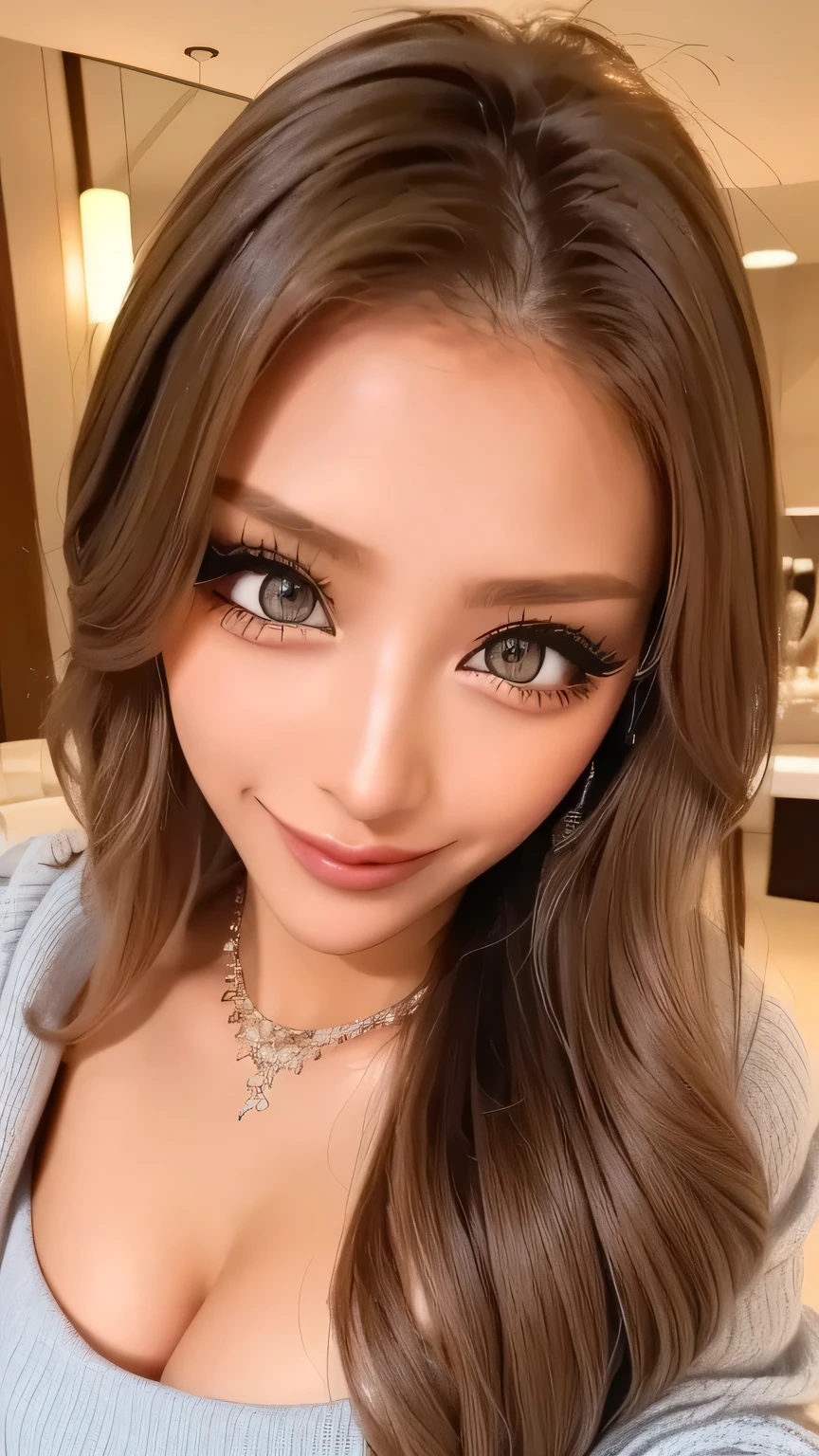 (( best quality , table top, super high definition 、8k、16k、 most complex and detailed description ))、( black hair long wave hair :1.05), ( accurate anatomy :1.1)、 sexy gal model with adult sex appeal、Colored Contact Lenses、Perfect gal makeup、 long false lashes、long eyelashes、 Sexy Lipstick、 sexy duck mouth 、Sexy duck mouth 、Adult sexy gal makeup 、highly saturated eyeshadow、( wearing a sexy oversized knit with big open chest)、(Voluptuous big breasts:1.1)、 Look at me upwards and smile 、Luxurious room at a three-star luxury hotel 、 sexy pose on the bed、 Harry Winston's luxury necklace 、 ( face close-up:1.1)、( super high definition 光沢, 1.1)、 super high definition の顔、 super high definition の髪、 super high definition sparkling eyes、 super high definition glossy lips、's beautiful face is drawn in every detail、 super high definition perfect beautiful teeth、( very bright and vivid :1.1) , model body type 、 full body shot
