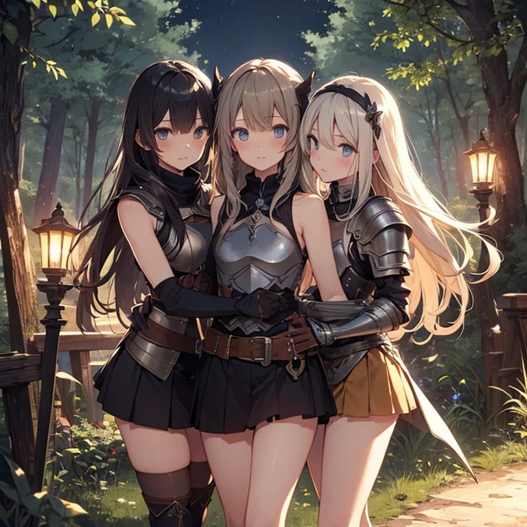A group of female knight, (in forest), various hair styles, harem, wearing armored clothes, metal armor, night, details face, , short skirt, seducing, sword, showing armpits, sleeveless