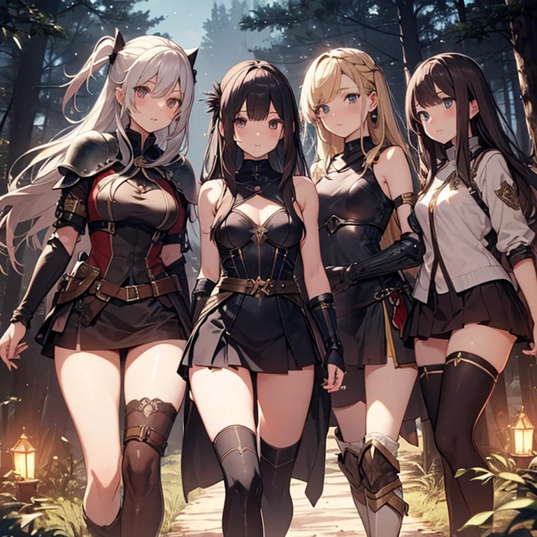 A group of female knight, (in forest), various hair styles, harem, wearing armored clothes, metal armor, night, details face, , short skirt, seducing, sword, showing armpits, sleeveless, braids