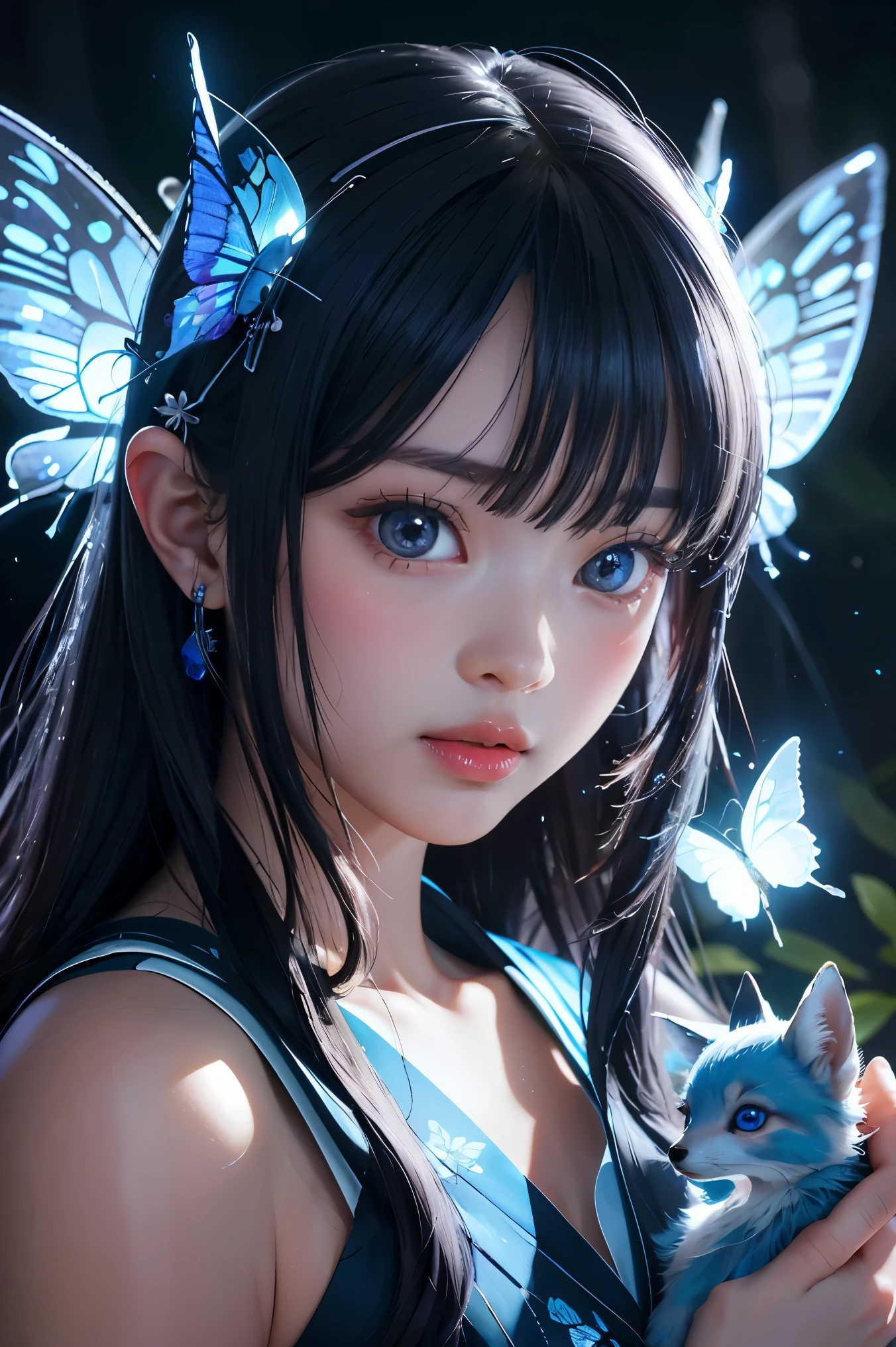 A highly detailed, ethereal and glowing blue-eyed baby fox spirit, surrounded by glowing butterflies in a night time fantasy forest, realistic, extremely detailed