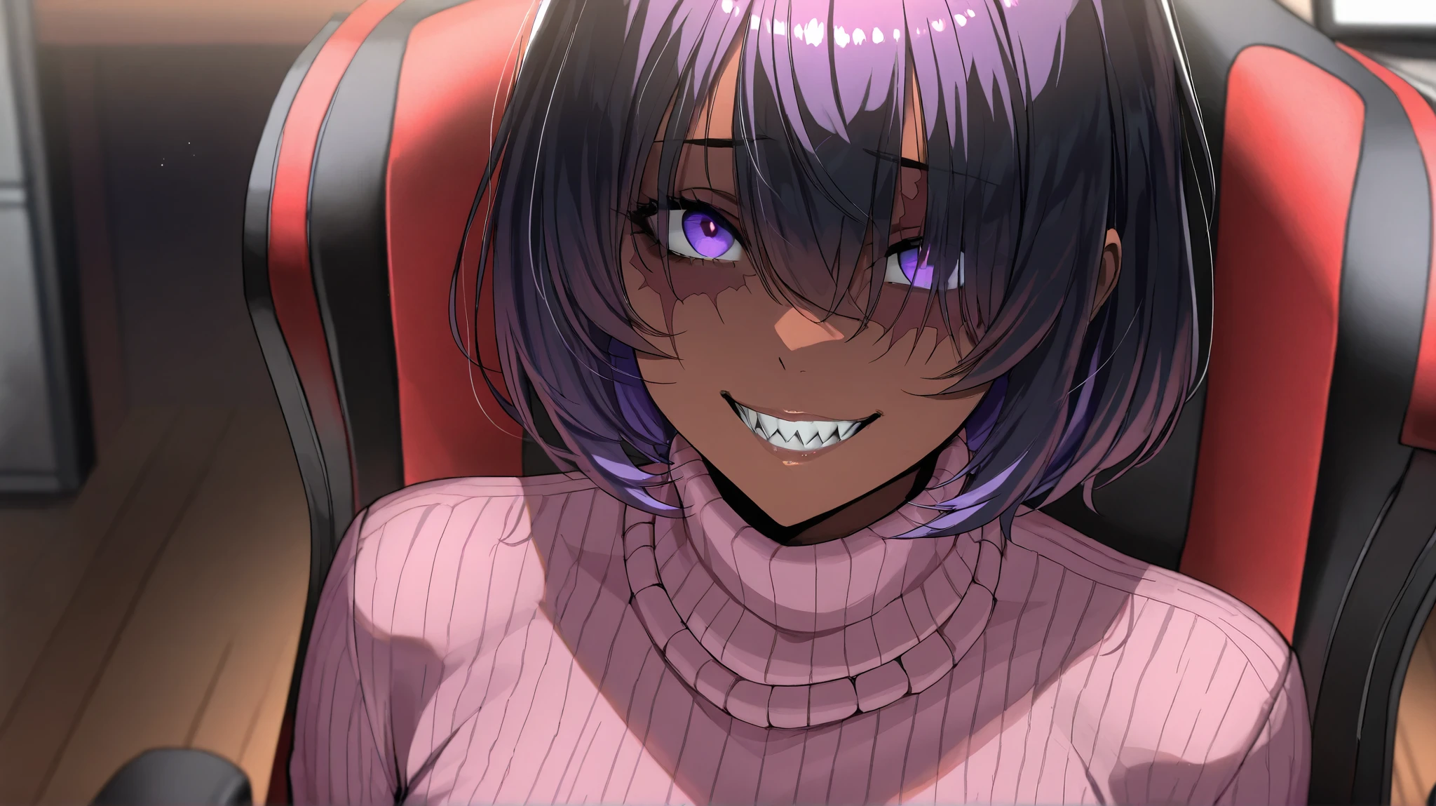 Alone,1 woman, dark skin, pink turtleneck sweater,Shoulder sample , purple hair , black hair, short hair, scar on his left eye , hair over the eyes,violet eyes, sharp teeth, mischievous smile, scary, The best quality, intricate, highly detailed , masterpiece ,quarto gamer, sitting in a gamer chair