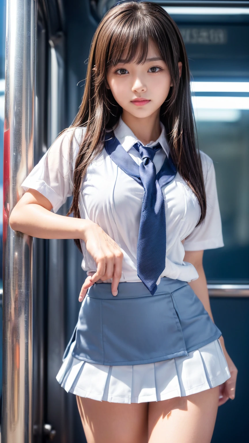 8K, Top Quality, Real Image, Complex Detail, Ultra Detail, Ultra Detail, Ultra High Definition, Depth Field,(Photorealistic,Real:1.2),Masterpiece, 0.25 :: Close Up , Straight On Shot , From Middle ,
1girl, ai_chan, Very beautiful 17 year old girl, Innocent big eyes, (Brown_SHORT_hair), (GREEN_eyes:1.0),(Bangs),disheveled hair,(hair clip), Perfect shiny skin, Perfect skin, Fair skin, Huge breasts, Cleavage, Narrow waist, Light blush, Solo, Look at the viewer, Light smile,
chubby under clothes, sweat,
Wear ((school_uniform), (white_skirt), (BLUE_Long_Tie), (BLUE_pleated_skirt), (Black_pantyhose): 1.2),
(Gravure Pose: 1.1),
sunset
Japan High School ,Flipping skirt with hands, showing white panties, skirt twisting and showing panties