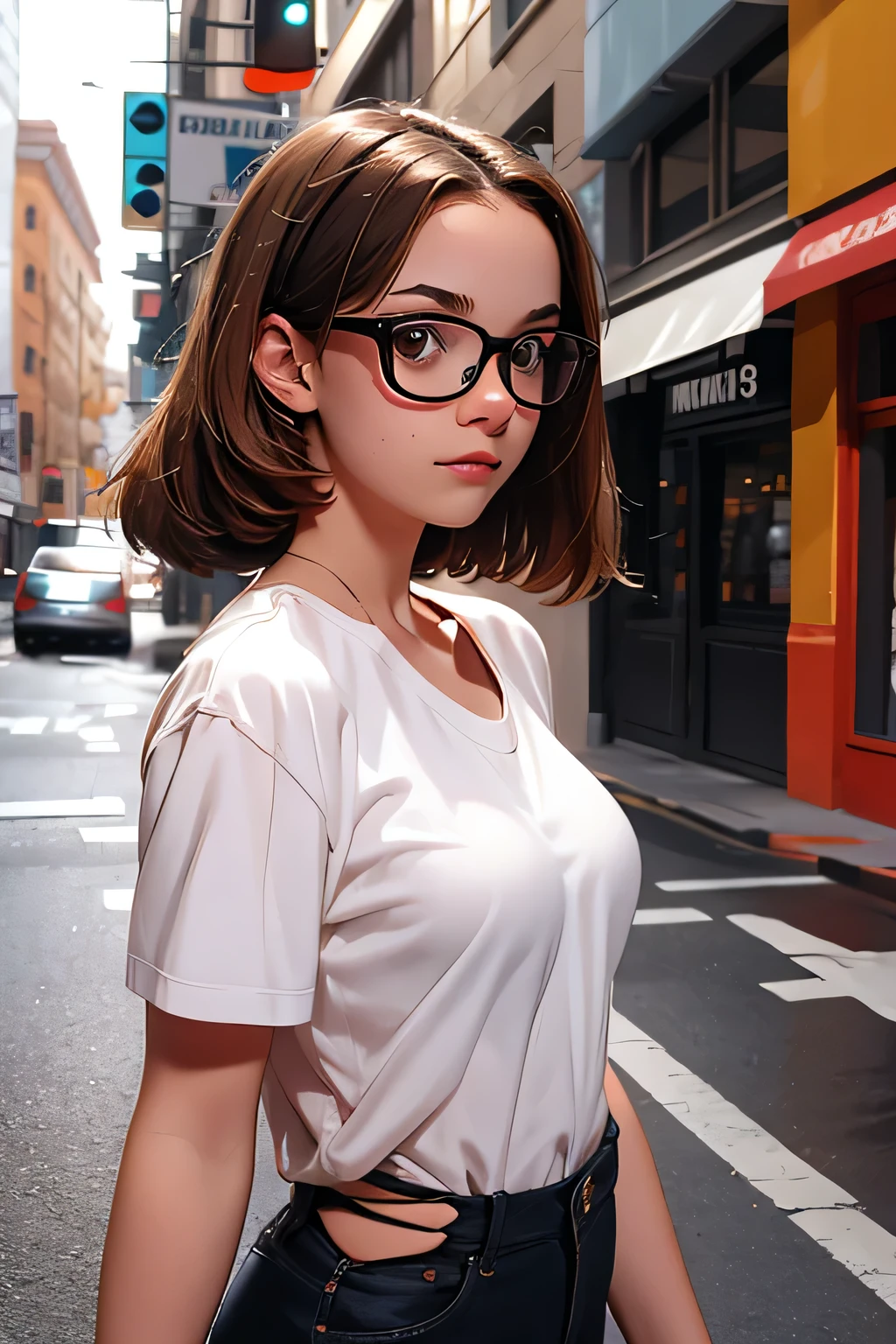 Photo. The girl is standing on the street . Modestly dressed . brown eyes . First size breasts . height 160 . she is wearing glasses . without makeup .18 years old she