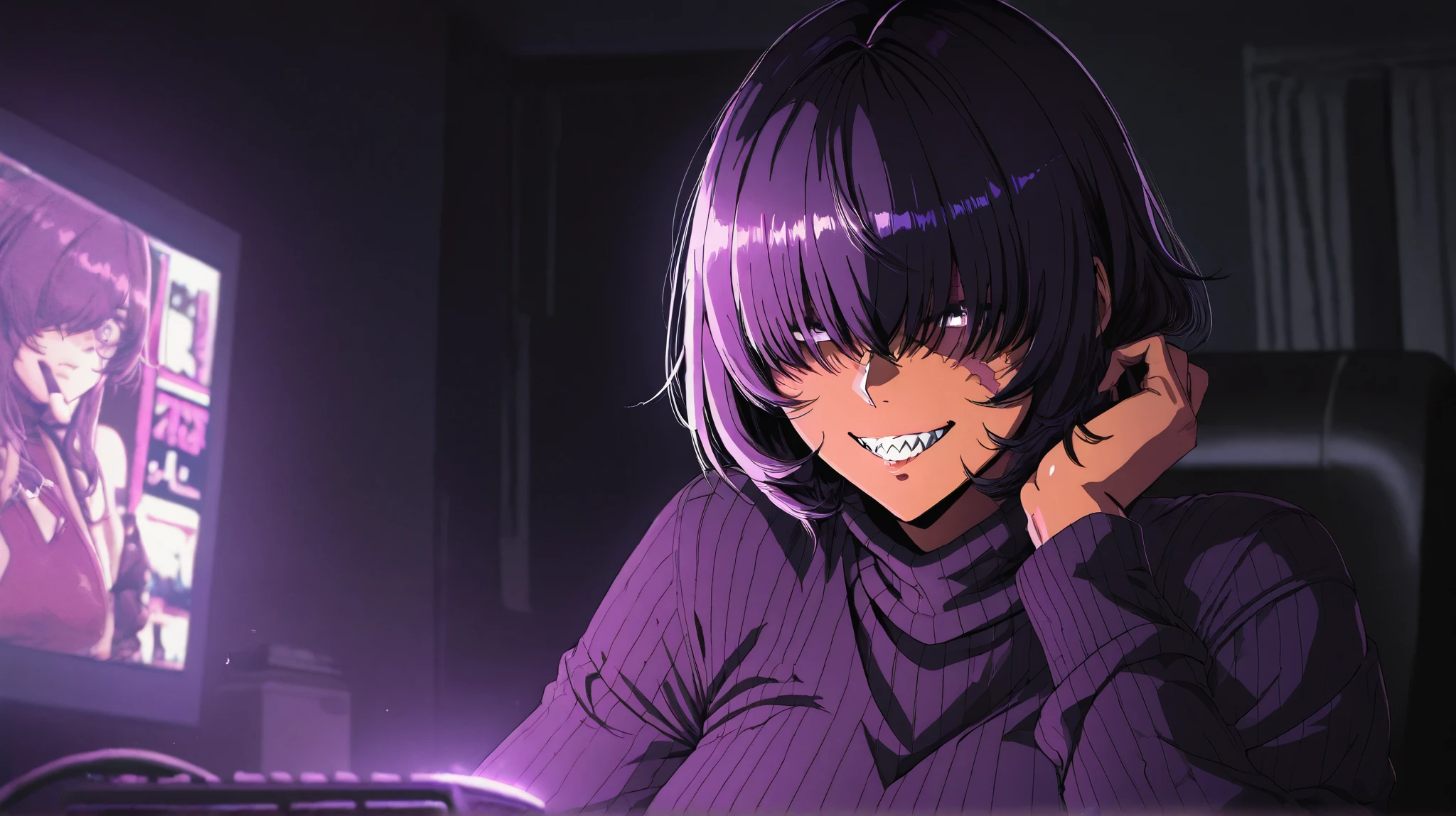 Alone,1 woman, dark skin, pink turtleneck sweater,Shoulder sample , purple hair , black hair, short hair, scar on his left eye , hair over the eyes,violet eyes, sharp teeth, mischievous smile, scary, The best quality, intricate, highly detailed , masterpiece ,Guardato ,playing on a gaming pc