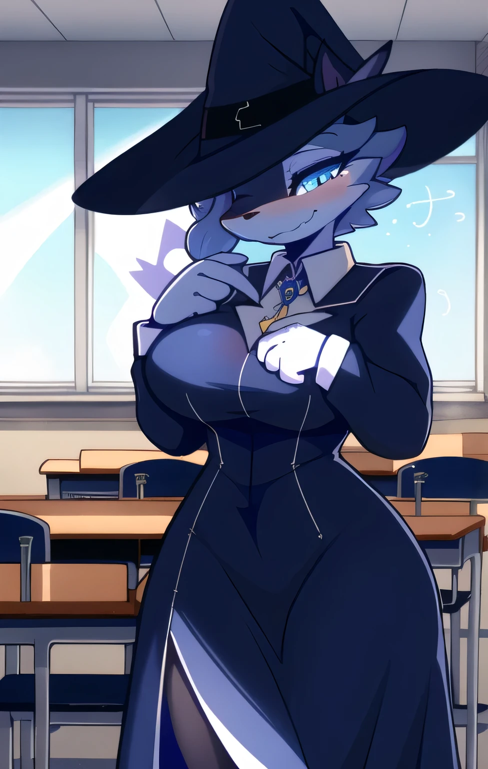 in, best quality , Masterpiece、 Flashy Pastel Clothes、 navy blue long dress、 winks、 bright 、Witch Teacher 、classroom、Female Furry