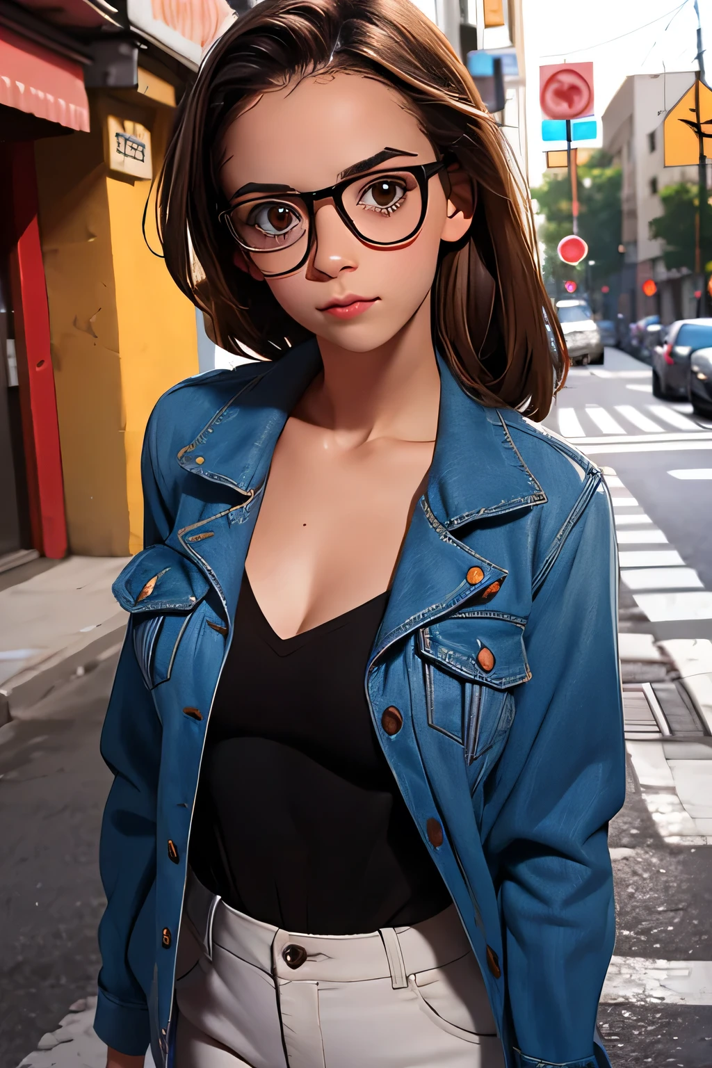 Photo. The girl is standing on the street . Modestly dressed . brown eyes . First size breasts . height 160 . she is wearing glasses . without makeup .18 years old she