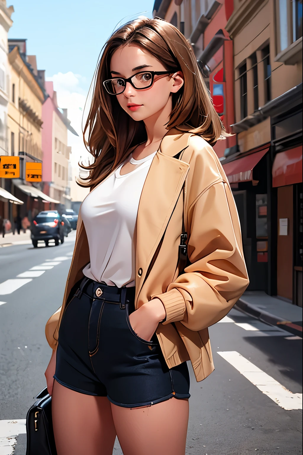 Photo. The girl is standing on the street . Modestly dressed . brown eyes . First size breasts . height 160 . she is wearing glasses . without makeup .18 years old she