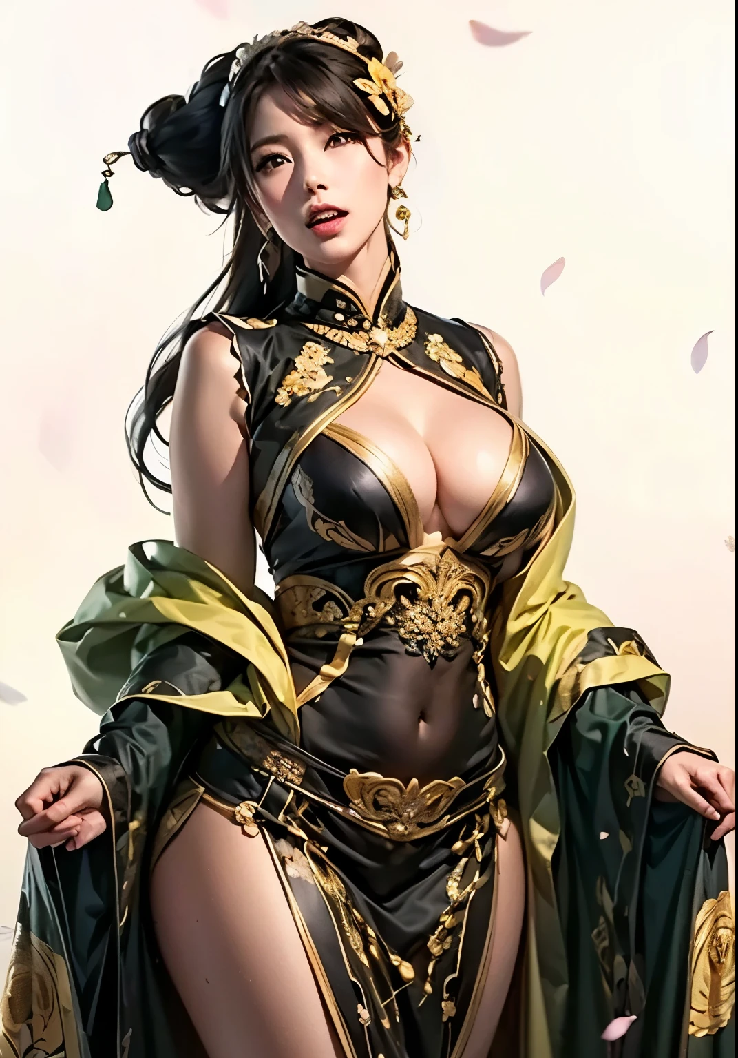 Attractive woman in cut-out robe, viewed from the front, is adorned with a swirling body, colorful garment. The vibrant hues, from deep reds to bright greens, create an ethereal and dynamic effect against a dark background.