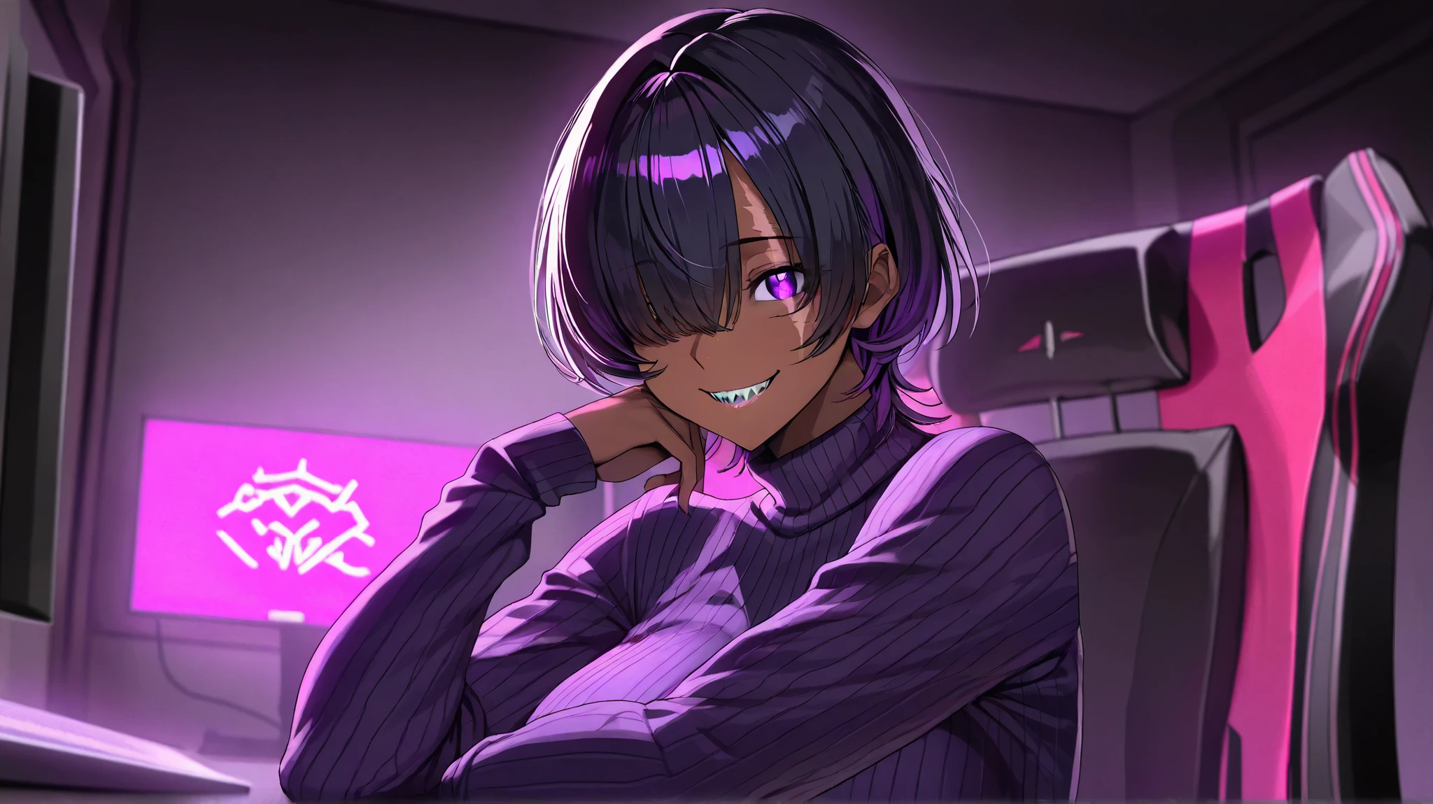 Alone,1 woman, dark skin, pink turtleneck sweater,Shoulder sample ,  purple hair ,  black hair,  short hair, scar on his left eye ,  hair over the eyes,violet eyes,  sharp teeth,  mischievous smile, scary,  The best quality, intricate,  highly detailed ,  masterpiece ,quarto gamer,  sitting in a gamer chair ,bright purple neon LEDs