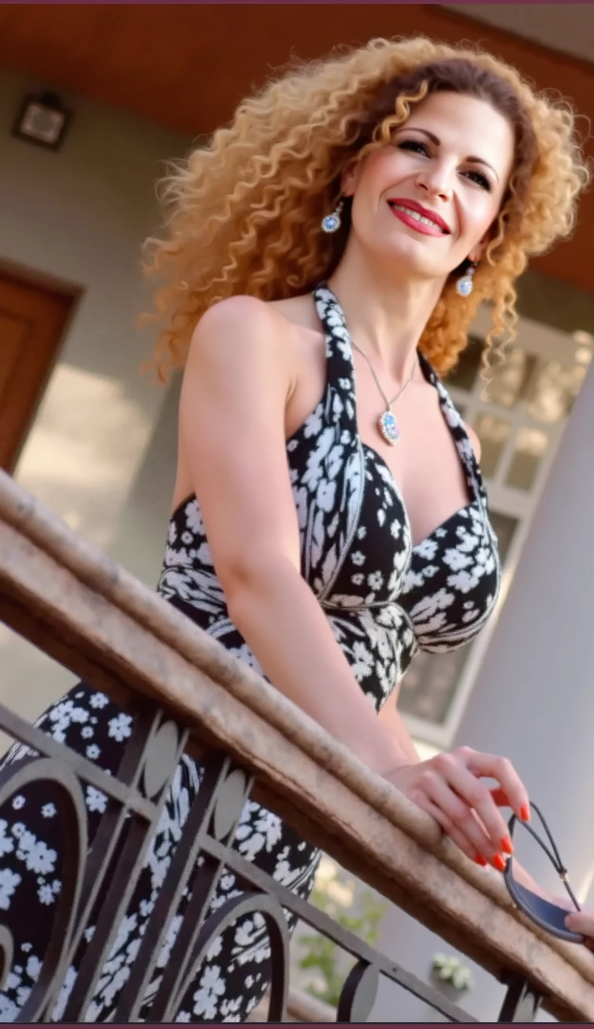 full body shot, full body in frame, Photo of a one mature European woman, full body shot, 50 years in all, A MILF, pretty face, curly blonde hair, Well good, visible nipple, The fold, old, necklace, Neutral Colors, ,size, round breasts, large cutout, see-through clothing, full body shot, Beauty standing in old Village, ((wearing a alice blue fashion dress)), different posing styles, looking at the viewer, cleavage, ultra-realistic, hyper-realistic, ultra-detailed, hyper-detailed, 35MM F/28, hyper-detailed full body shot, smile, sexy body, ((medium breast)), Deep cleavage, reddish brown lips, long stomach, aesthetic body, rich colors, face focused, 8k, HD Crisp Upscale, realistic lying, RAW photography, best quality: 1.4, temple on the background , Beautiful details eye, , thick thighs, wide hips, long wavy hair, High-detailed, perfectly located eyes, perfect eyes, photographed on a Canon EOS R5, 50mm lens, F/2.8, HDR, (cinematic lighting), (dramatic lighting), (sharp focus), (intricate), fashion, realistic skin texture, (( perfect anatomy)), ((detailed face:1.2)), ((detailed facial features)), (finely detailed skin), masterpiece), (perfect proportion), (realistic photo), (best quality: 1.6), (detailed),