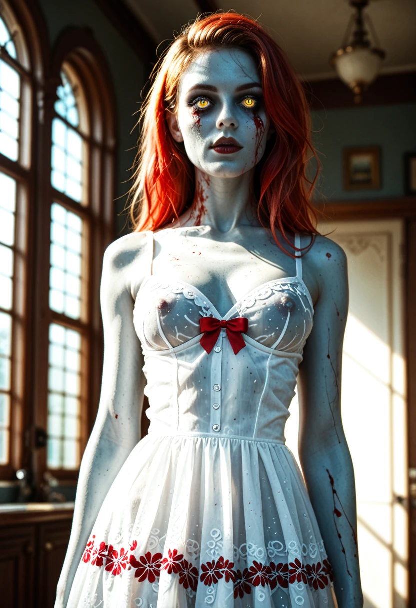 (finely detailed beautiful eyes and detailed zombie face,masterpiece sidelighting,masterpiece,best quality,detailed,high resolution illustration),, (depraved topless zombie girl,whole body,sundress,lustrous skin,looking down,looking at viewer),, (blood hair,blue eyes,ribbon, sheer clothes), (clothed_underbust:1.2),underboob