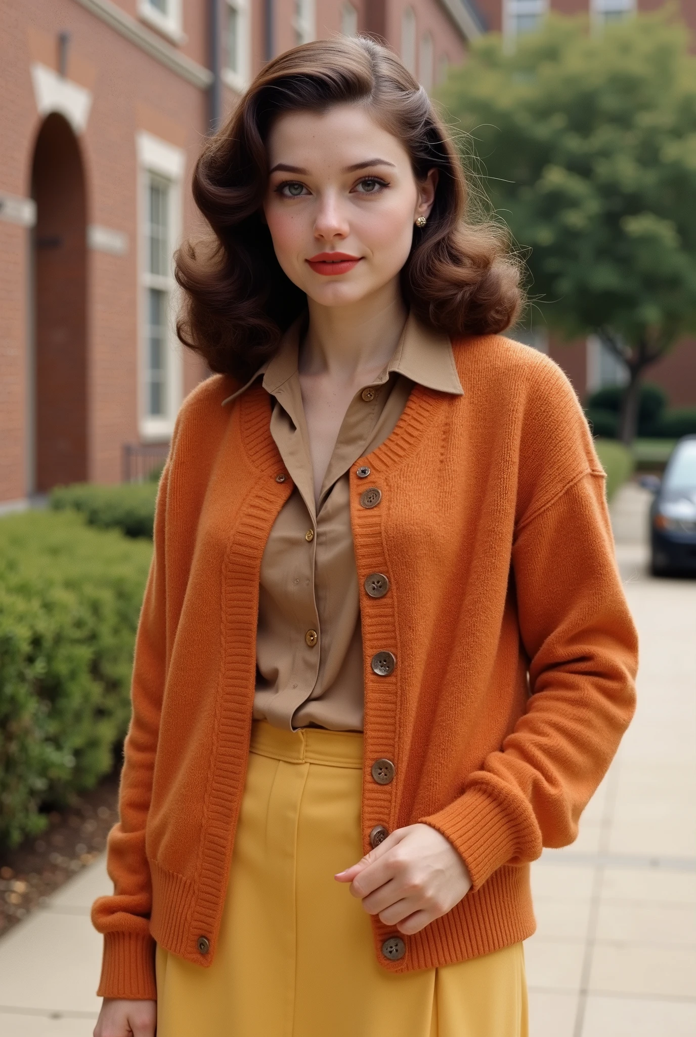 a young woman with brown hair, dressed in 50s style clothing, solid-colored blouse and orange cardigan sweater, yellow skirt to knees, pretty face, 20 years old, university campus, 50s, attractive girl, cute face, slightly waivy hair, slim waist, medium breasts, detailed facial features, beautiful eyes, high quality, photorealistic, cinematic lighting, 8k, detailed skin, intricate hairstyle, warm color tones,
