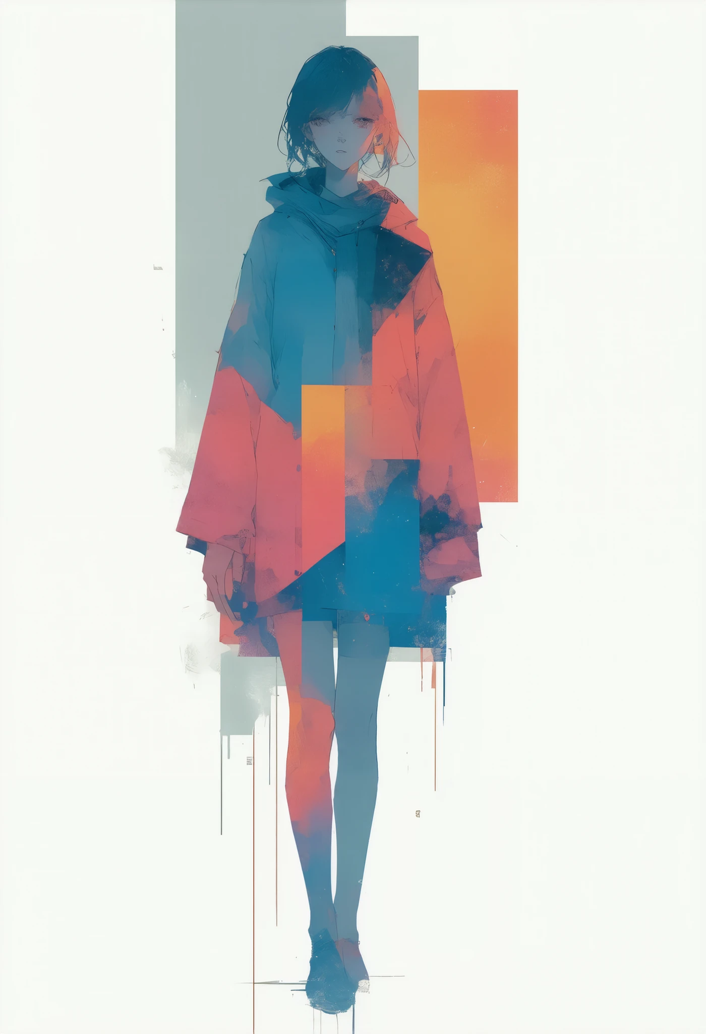 Abstract anime-style illustration of a girl, her figure and outfit made from overlapping geometric shapes, vibrant color palette with blue, orange, and pink, minimalistic white setting.