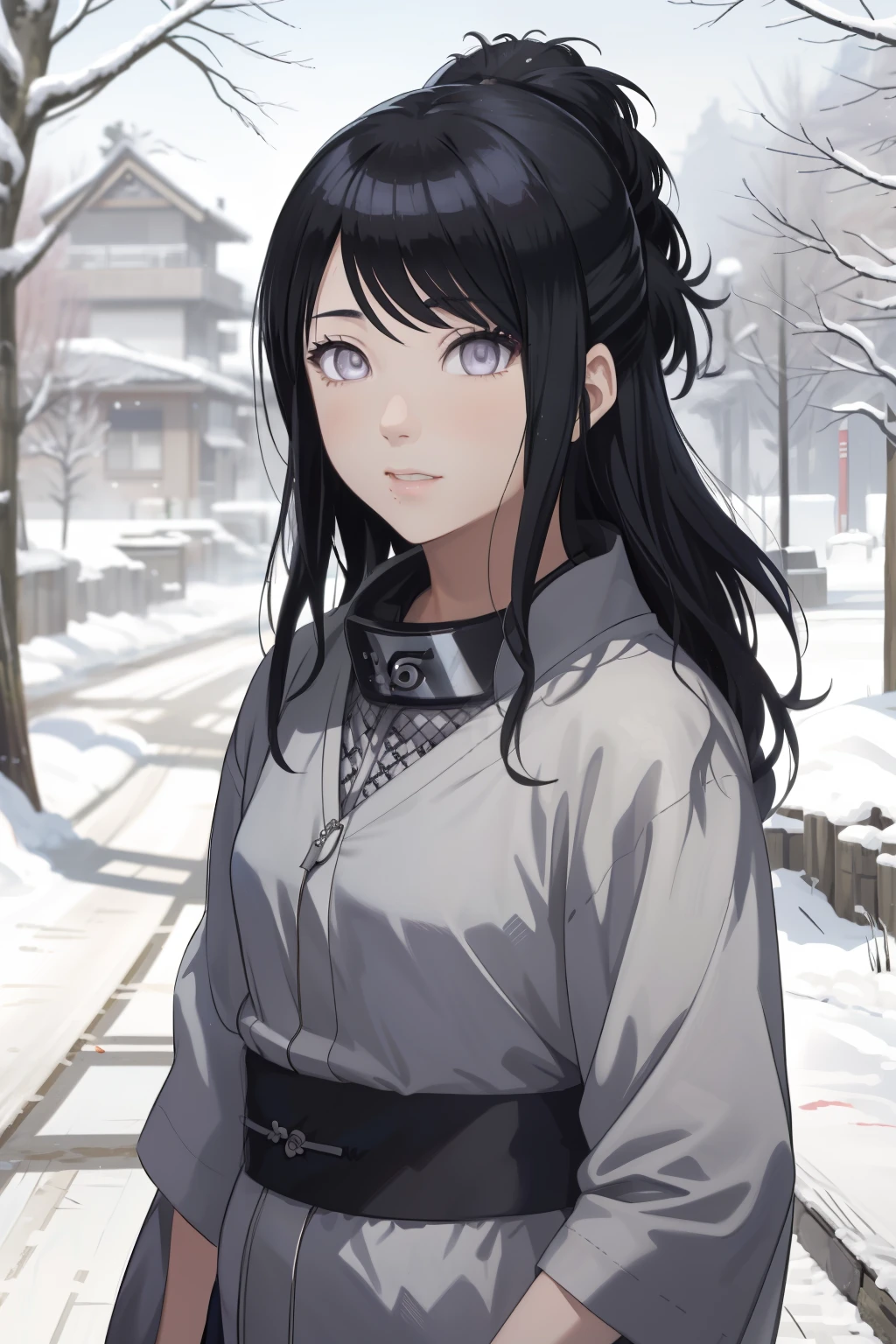 an hiperealistic shot of hinata(shippuden), ((hiori kazano)), idolmaster, Detailed eyes, long hair, ponytail, half updo, hair ornament,, (sweet woman), manwha style, ((sweet)), ((delicated)), WINTER, traditional kimono