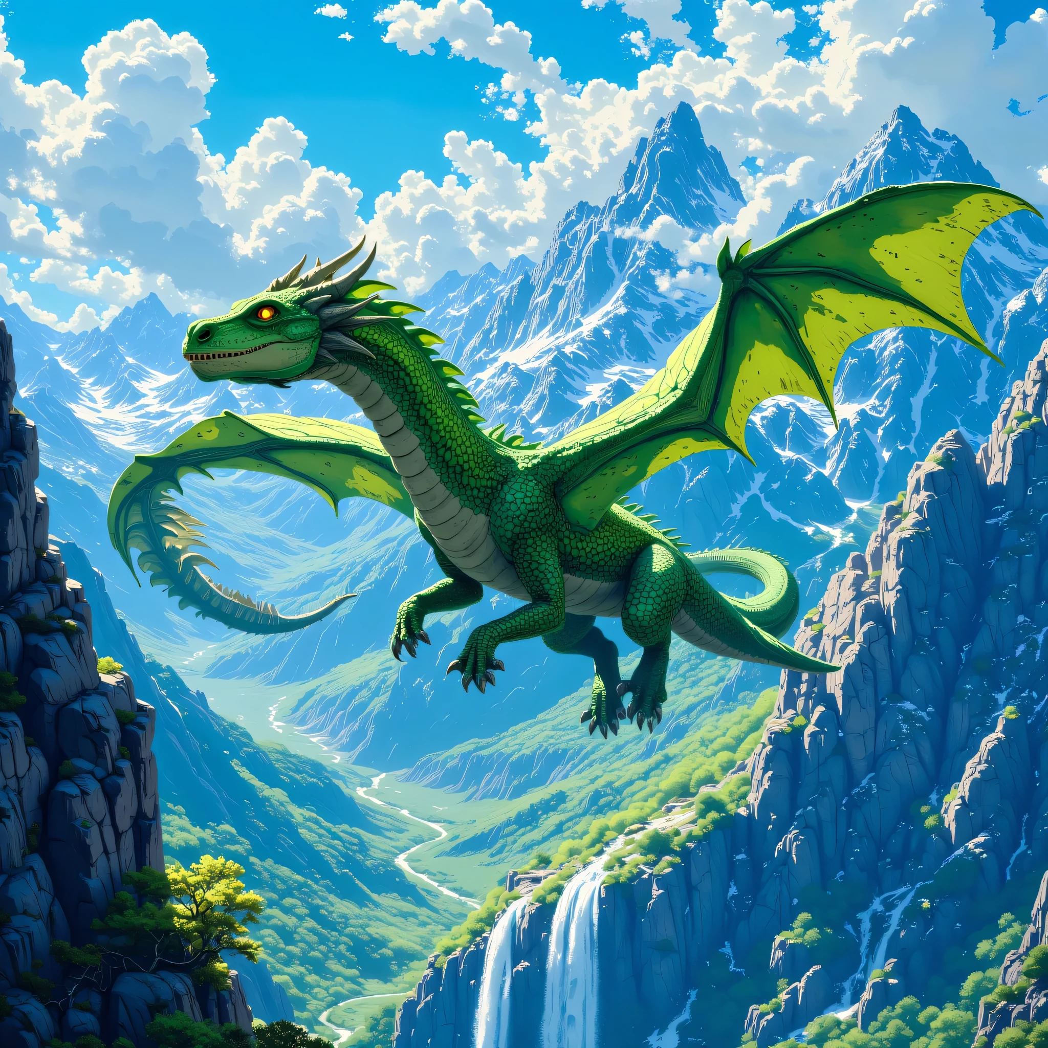 A dragon soaring above a mountain:
A majestic, emerald-scaled dragon with glowing amber eyes, wings outstretched, soars through a breathtaking vista of snow-capped mountains. The dragon's powerful form dominates the scene, casting a long shadow over the imposing peaks. Below, a cascading waterfall plunges into a deep valley, its spray catching the sunlight in a dazzling array of colors. The dragon's scales shimmer with iridescent hues, reflecting the surrounding natural beauty. The sky is a vibrant blue, dotted with fluffy white clouds, creating a sense of awe and wonder.