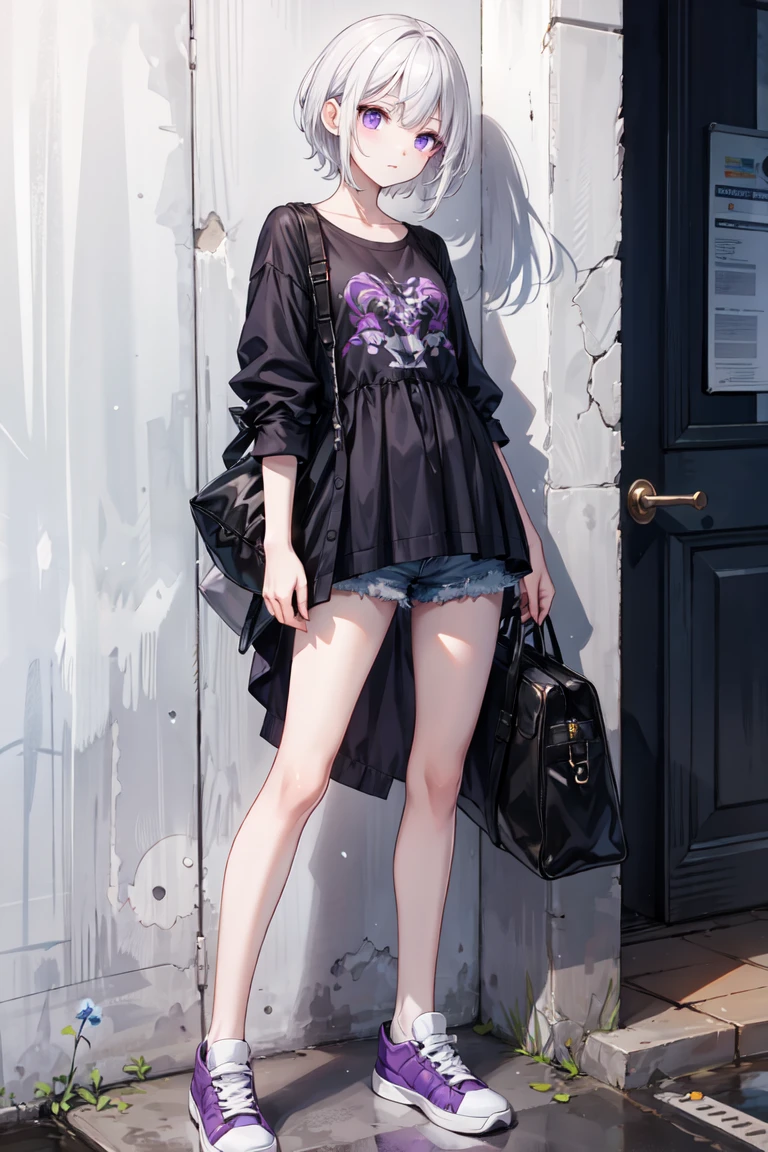 Tall、 beautiful、 white skin、 long legs 、 shortcuts、 purple eyes、cool、Break、quiet、White Hair、 casual fashion