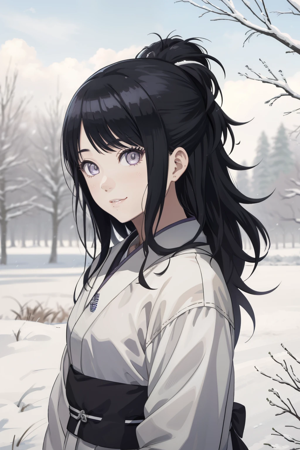 an hiperealistic shot of hinata(shippuden), ((hiori kazano)), idolmaster, Detailed eyes, long hair, ponytail, half updo, hair ornament,, (sweet woman), manwha style, in a snowy field, happy, smilling, no hanband, traditional kimono