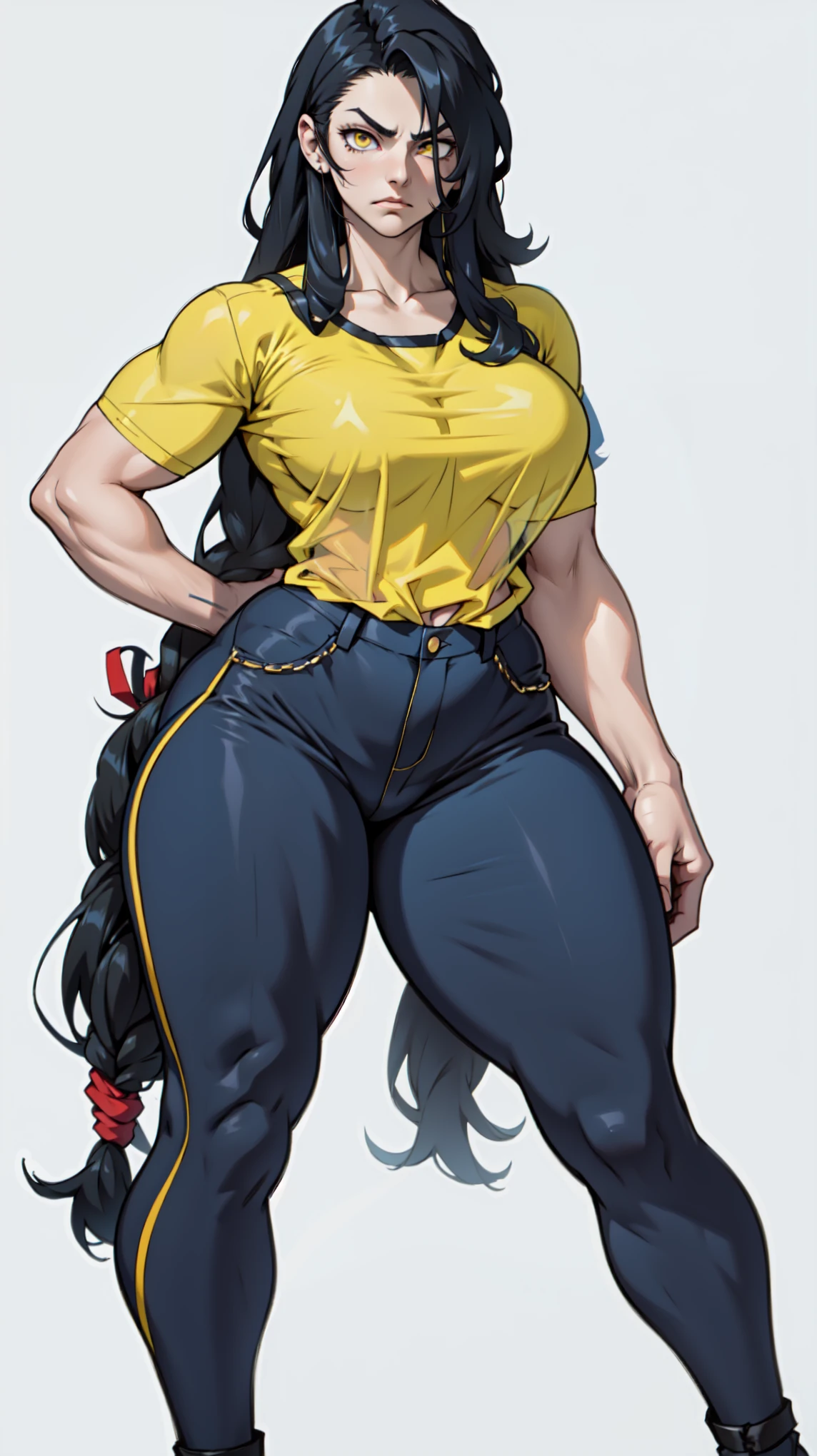 pale skin 1girl muscular toned body huge breasts thick thighs black hair yellow eyes bodybuilder (tight shirt and pants full body long hair grey background)