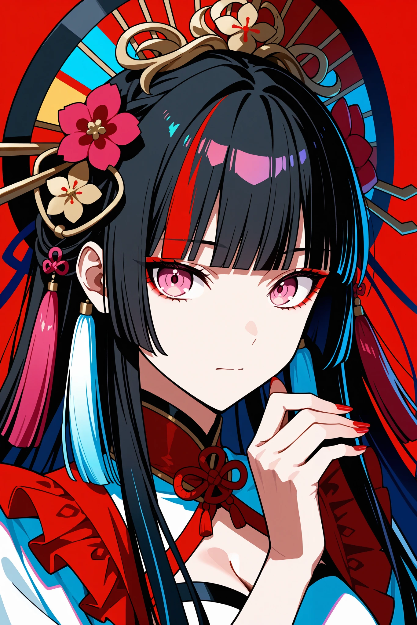 woman, solo, red nails, looking at viewer, bangs, pink eyes, long hair, nail polish, black hair, hair ornament, hand up, flower, blunt bangs, closed mouth, tassel, ribbon, portrait, colorful, red background, frills, multicolored hair, upper body, fingernails