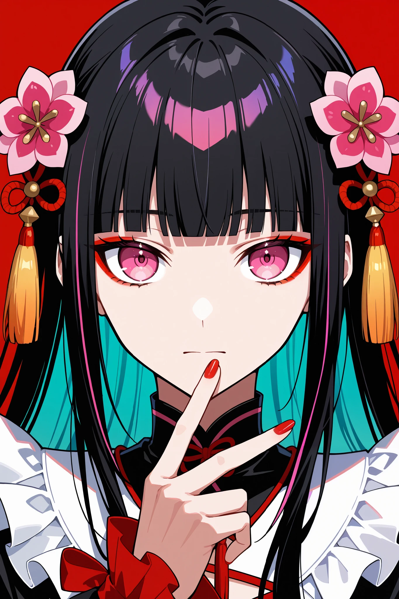woman, solo, red nails, looking at viewer, bangs, pink eyes, long hair, nail polish, black hair, hair ornament, hand up, flower, blunt bangs, closed mouth, tassel, ribbon, portrait, colorful, red background, frills, multicolored hair, upper body, fingernails
